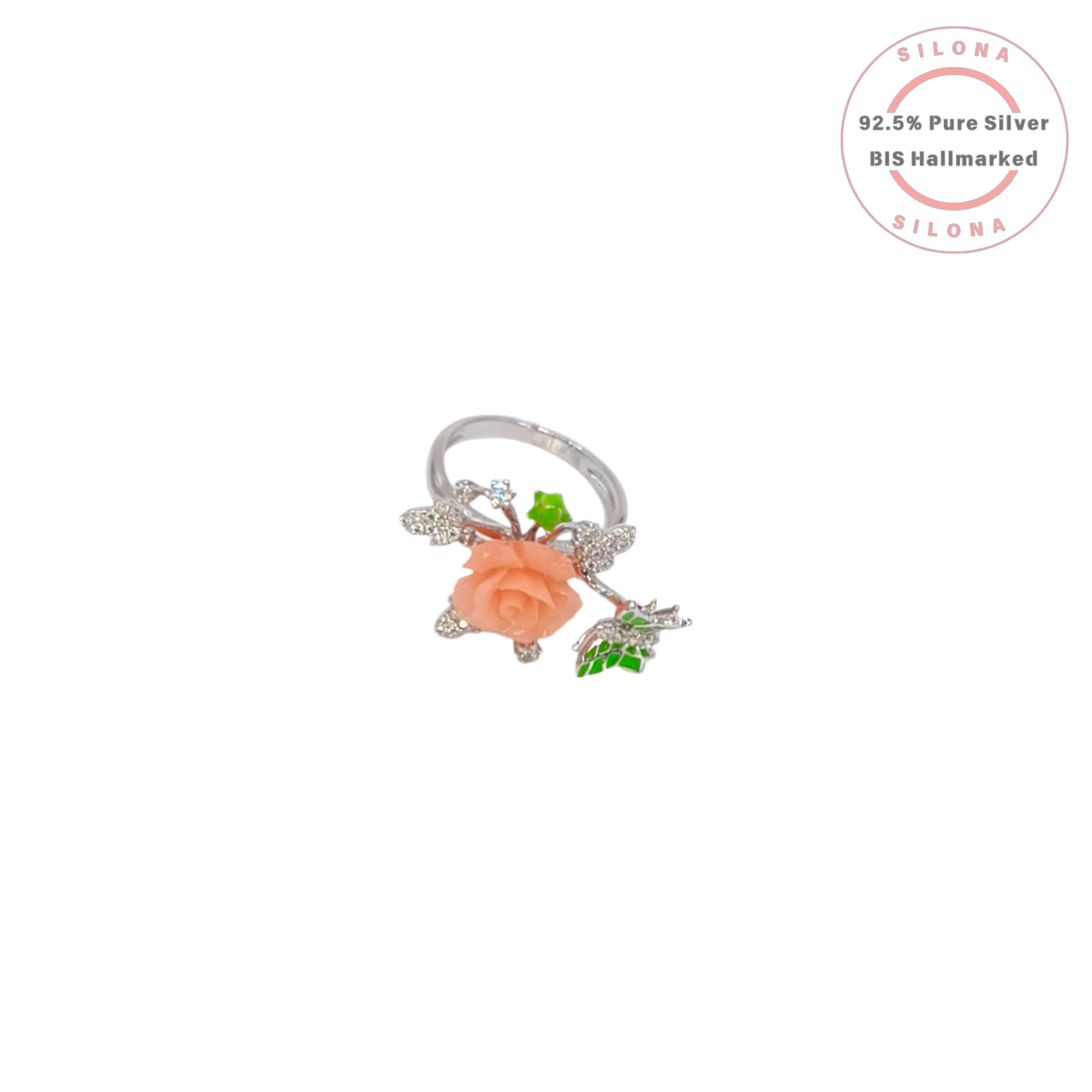 Side profile of the Silona Enameled Pumpkin Blossom Ring, showcasing the peachy-coral and green enamel detail on a polished 92.5 silver band, against a white background.