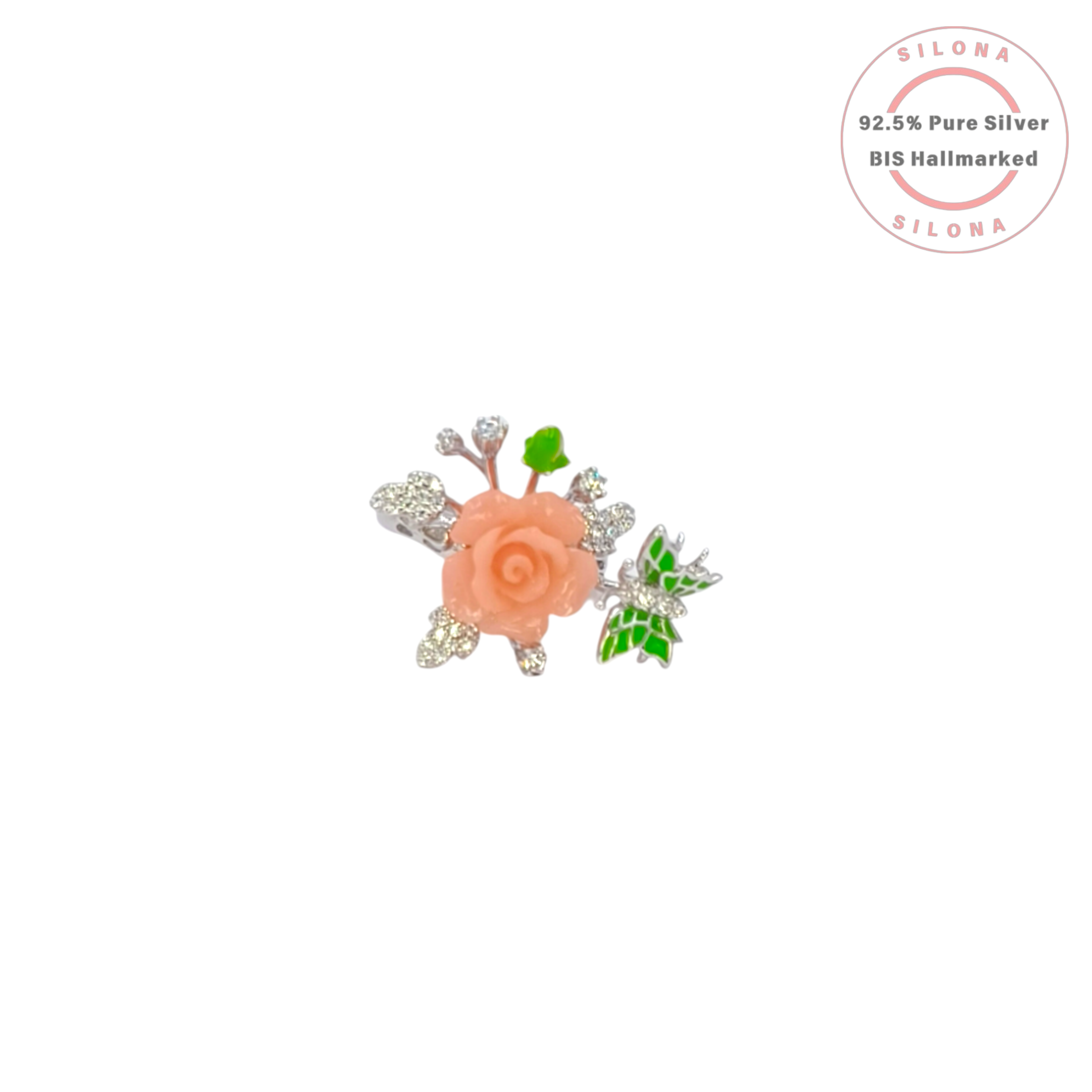 Side profile of the Silona Enameled Pumpkin Blossom Ring, showcasing the peachy-coral and green enamel detail on a polished 92.5 silver band, against a white background.