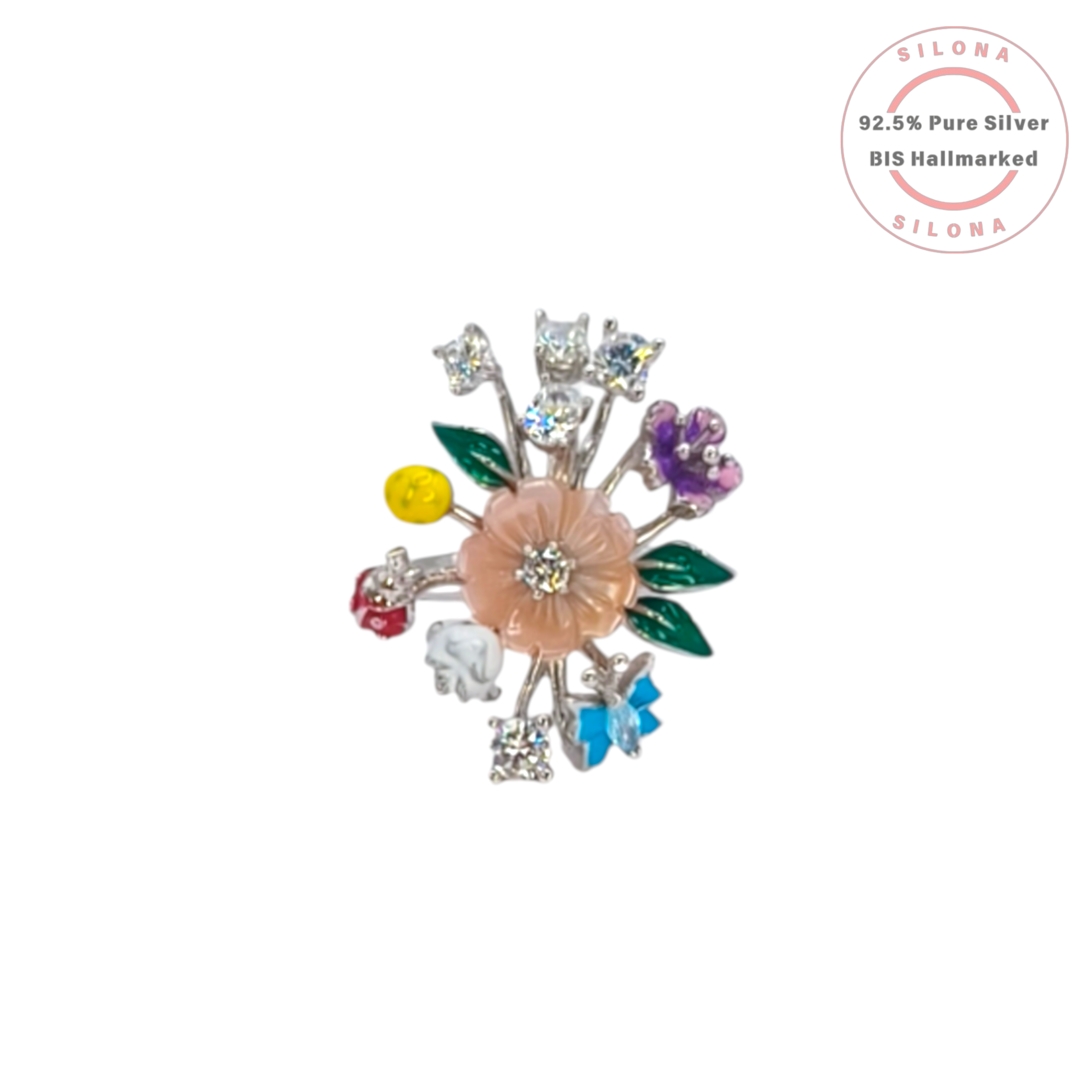 Silona's Artisanal Enamel Bouquet Ring featuring a central carved pink flower, multi-color enamel blossoms, a blue butterfly, and cubic zirconia, crafted in 92.5 sterling silver.