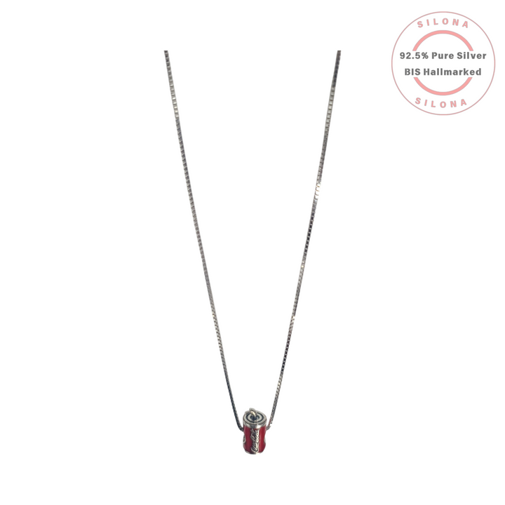 A minimalist silver box chain necklace featuring a small, red enamel soda can charm, photographed on a white background with the Silona silver hallmark logo.