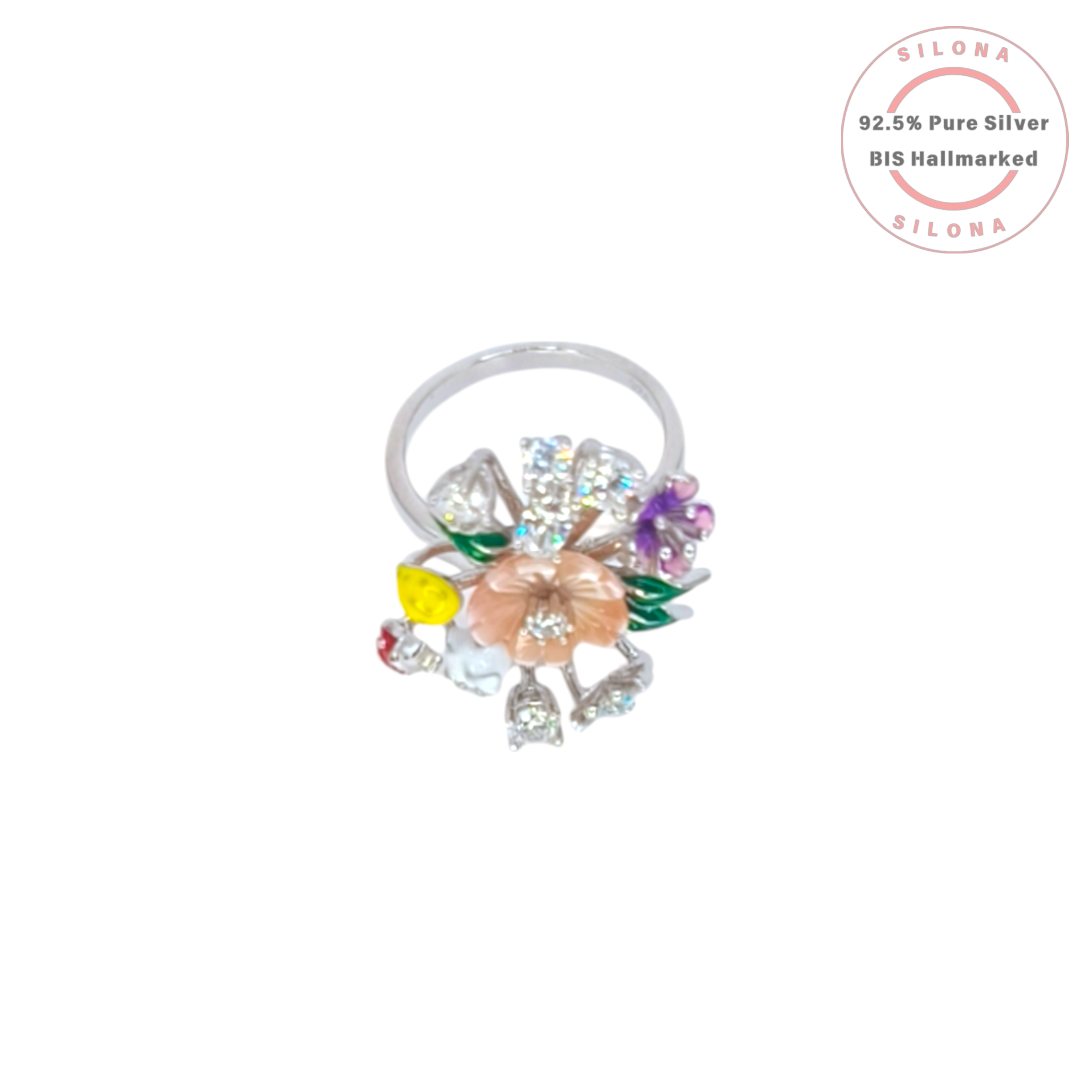 Silona's Artisanal Enamel Bouquet Ring featuring a central carved pink flower, multi-color enamel blossoms, a blue butterfly, and cubic zirconia, crafted in 92.5 sterling silver.