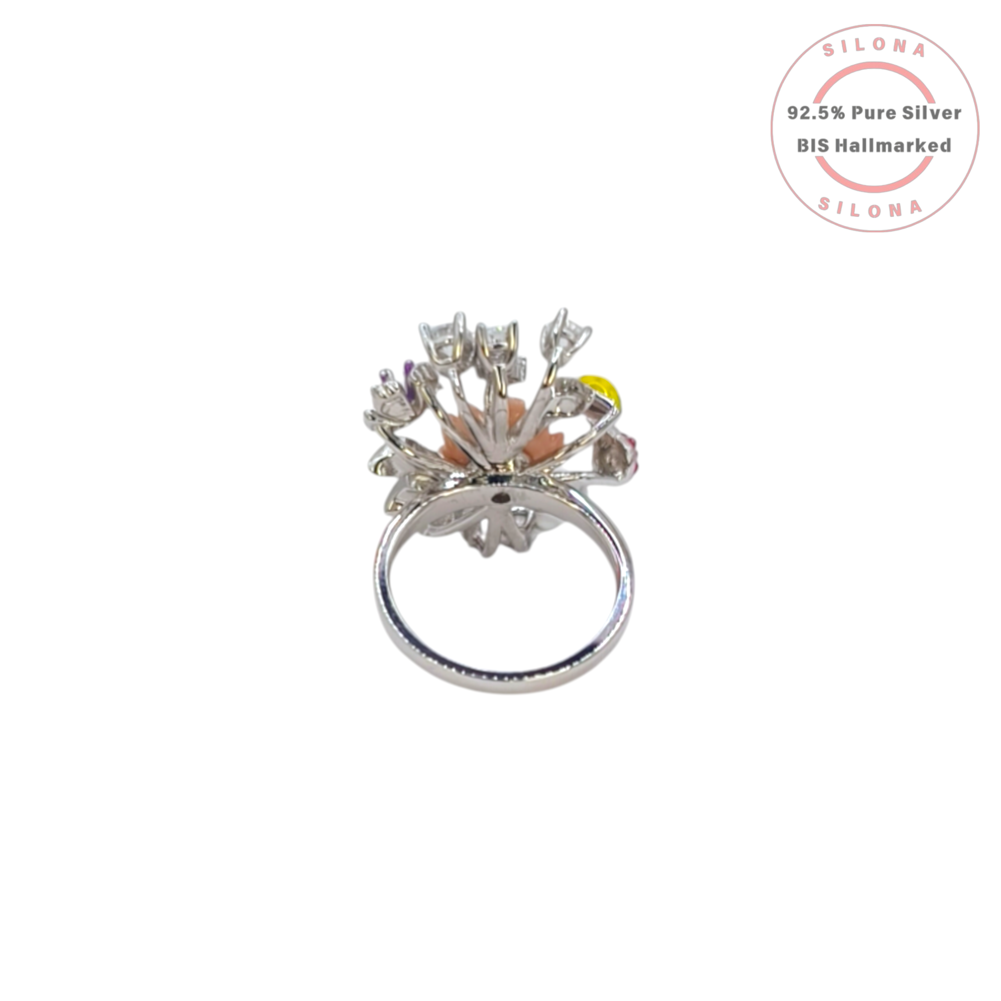 Silona's Artisanal Enamel Bouquet Ring featuring a central carved pink flower, multi-color enamel blossoms, a blue butterfly, and cubic zirconia, crafted in 92.5 sterling silver.