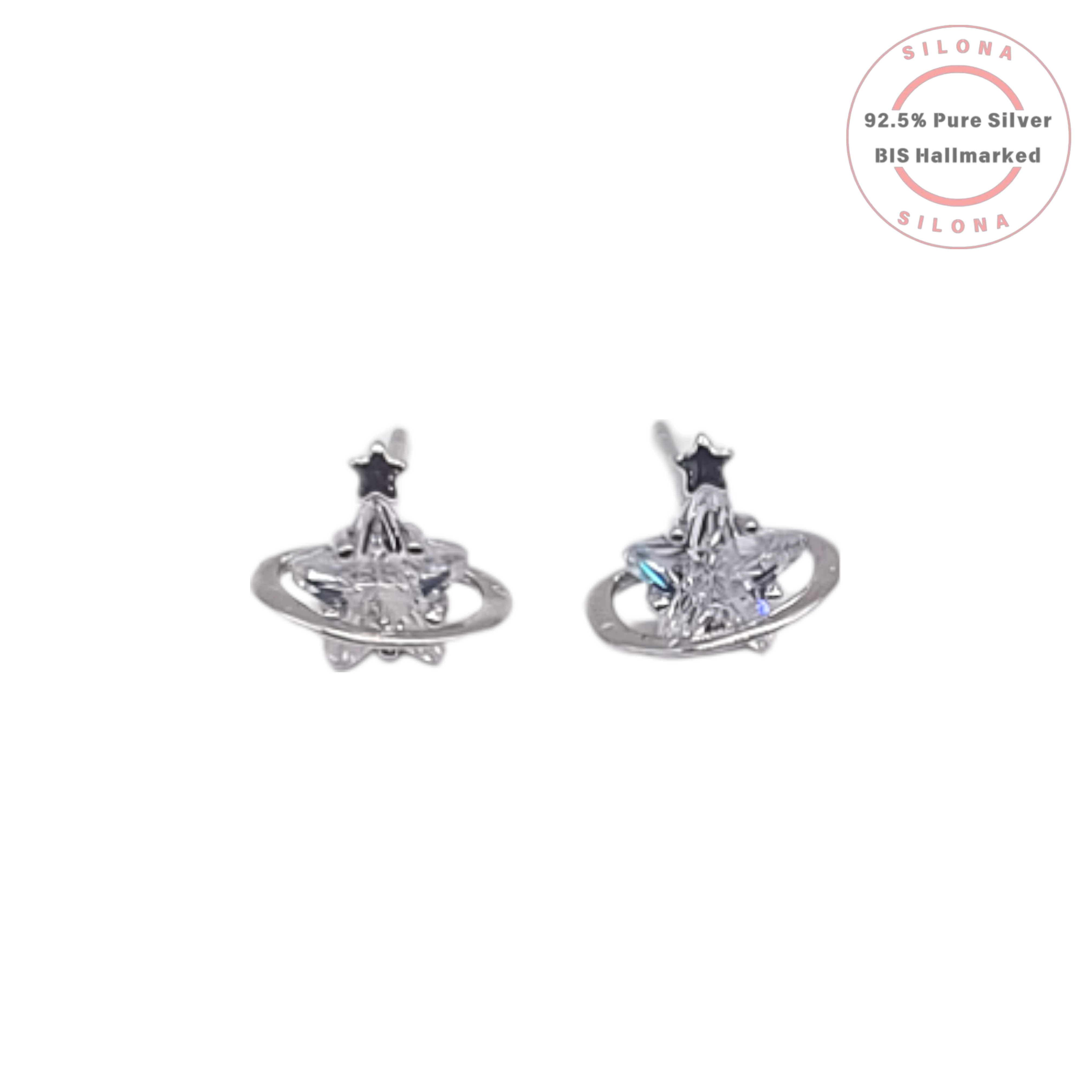 A pair of Silona's Celestial Saturn Stud Earrings in 92.5 silver, featuring a central cubic zirconia with a silver ring and a star accent, on a white background.