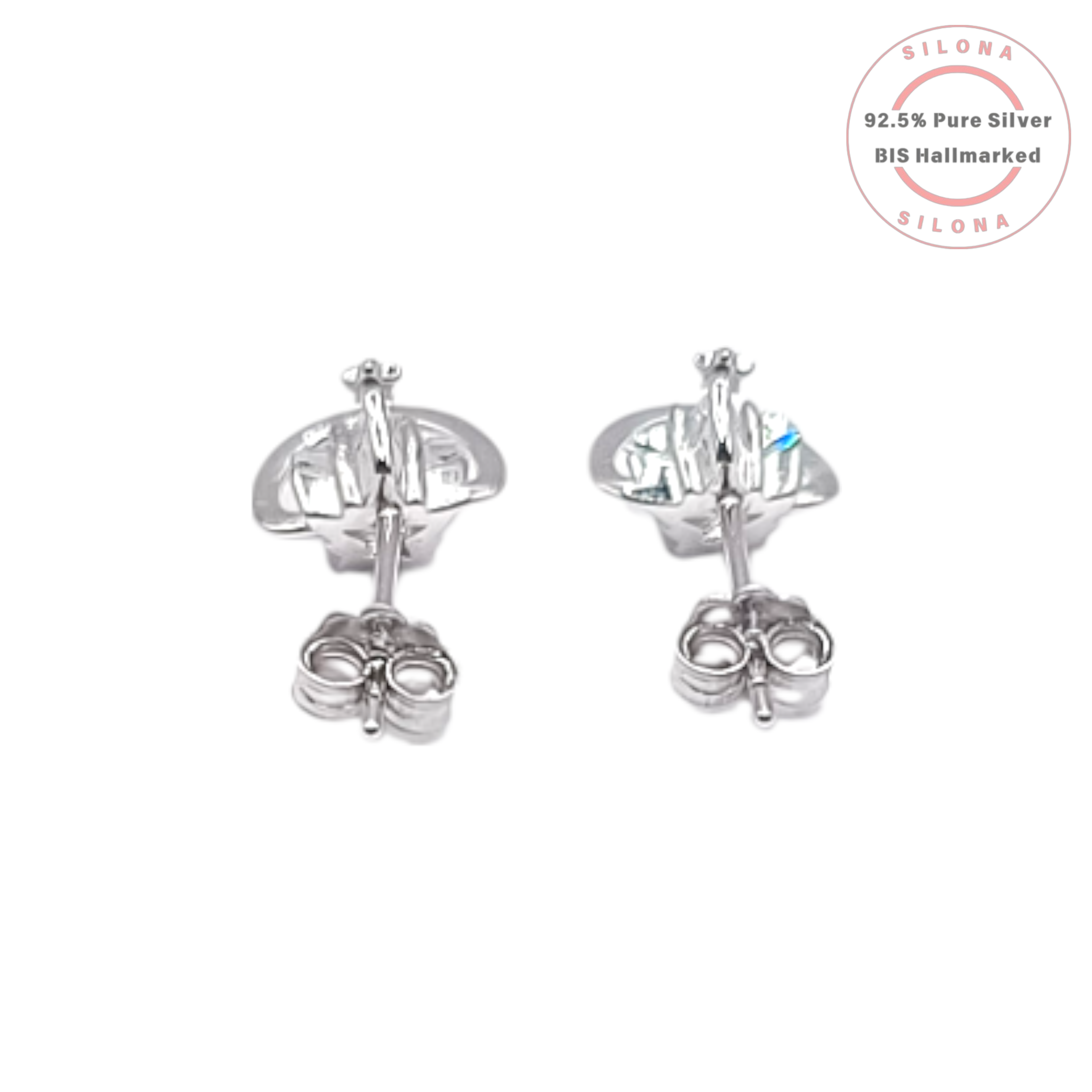 A pair of Silona's Celestial Saturn Stud Earrings in 92.5 silver, featuring a central cubic zirconia with a silver ring and a star accent, on a white background.