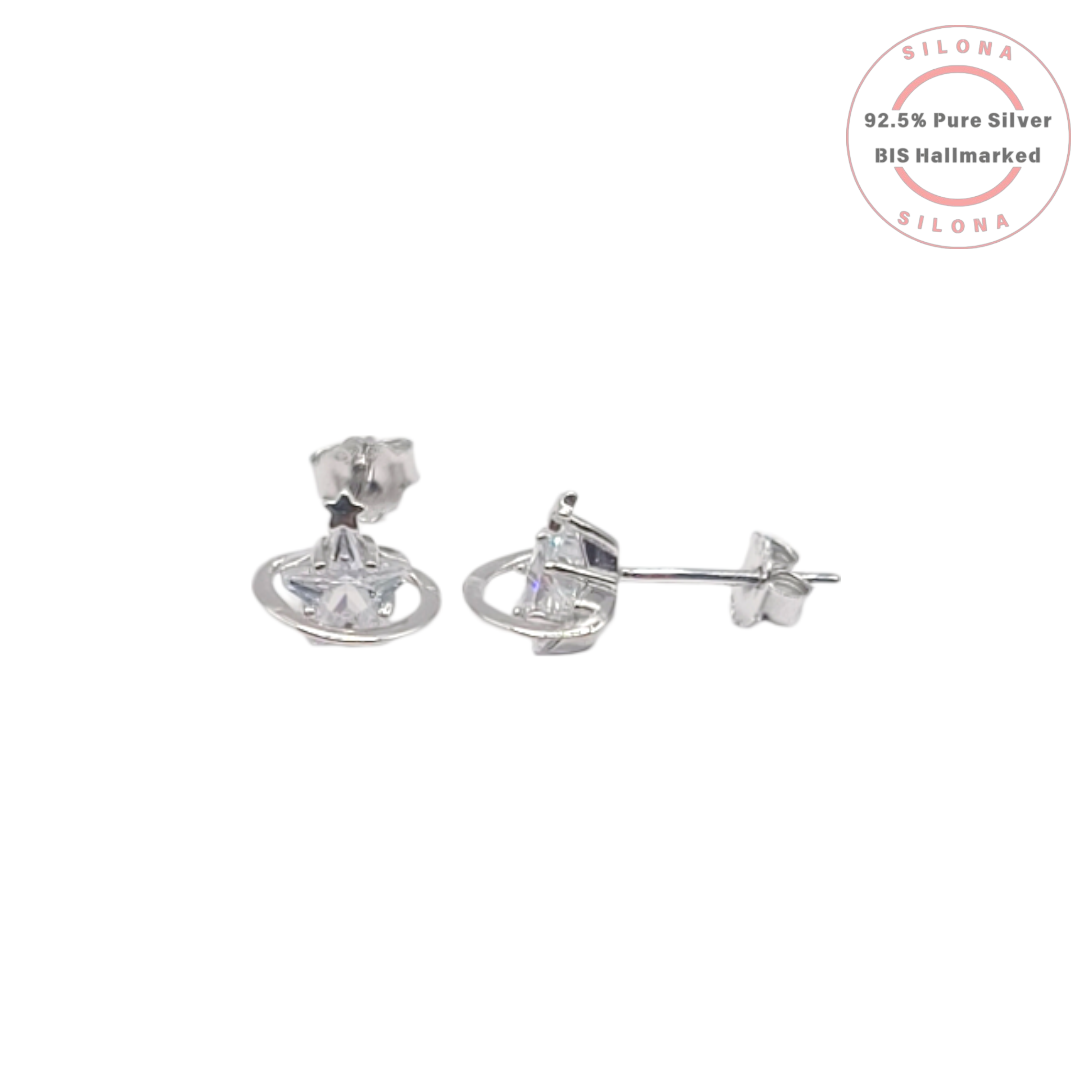 A pair of Silona's Celestial Saturn Stud Earrings in 92.5 silver, featuring a central cubic zirconia with a silver ring and a star accent, on a white background.