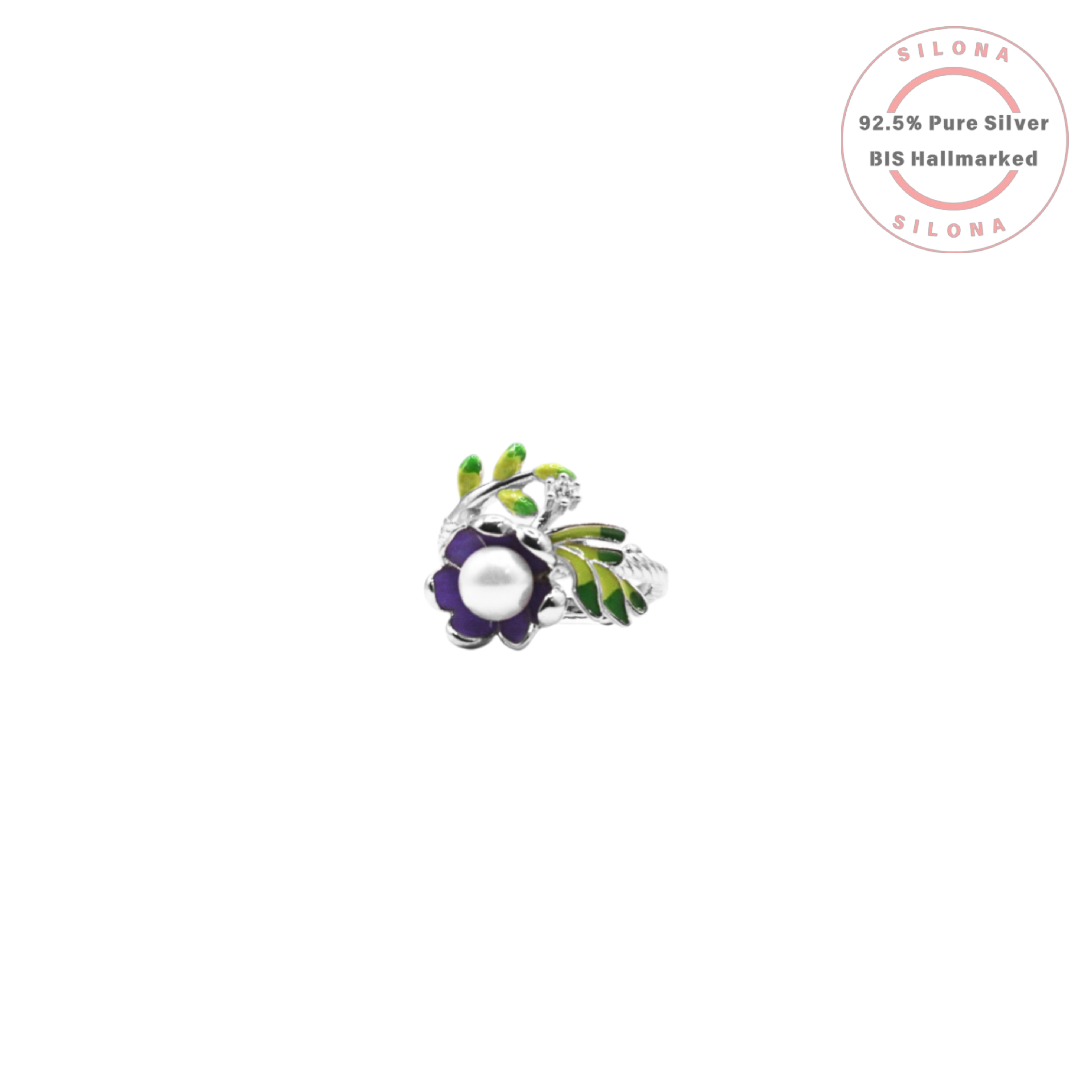 Silona's Enamel Blossom Ring, crafted in 92.5 silver, featuring a purple enamel flower with a central pearl and vibrant green enamel leaves.