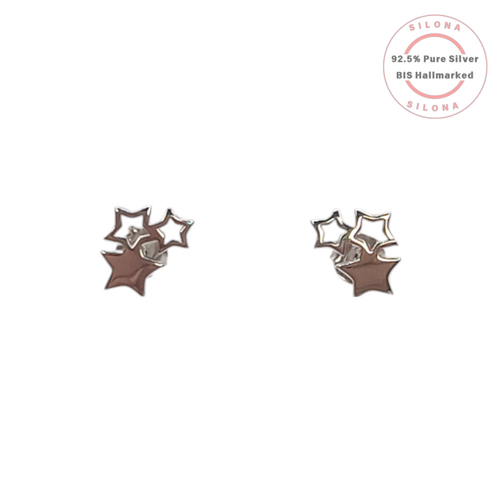 A pair of Silona's Celestial Star Cluster Stud Earrings in polished 92.5 silver, shown on a white background.