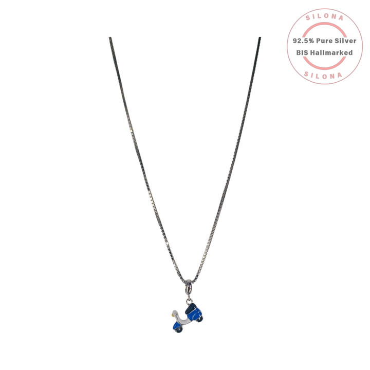 A silver box chain necklace with a blue and white enamel scooter pendant, crafted from 92.5% pure silver by Silona.