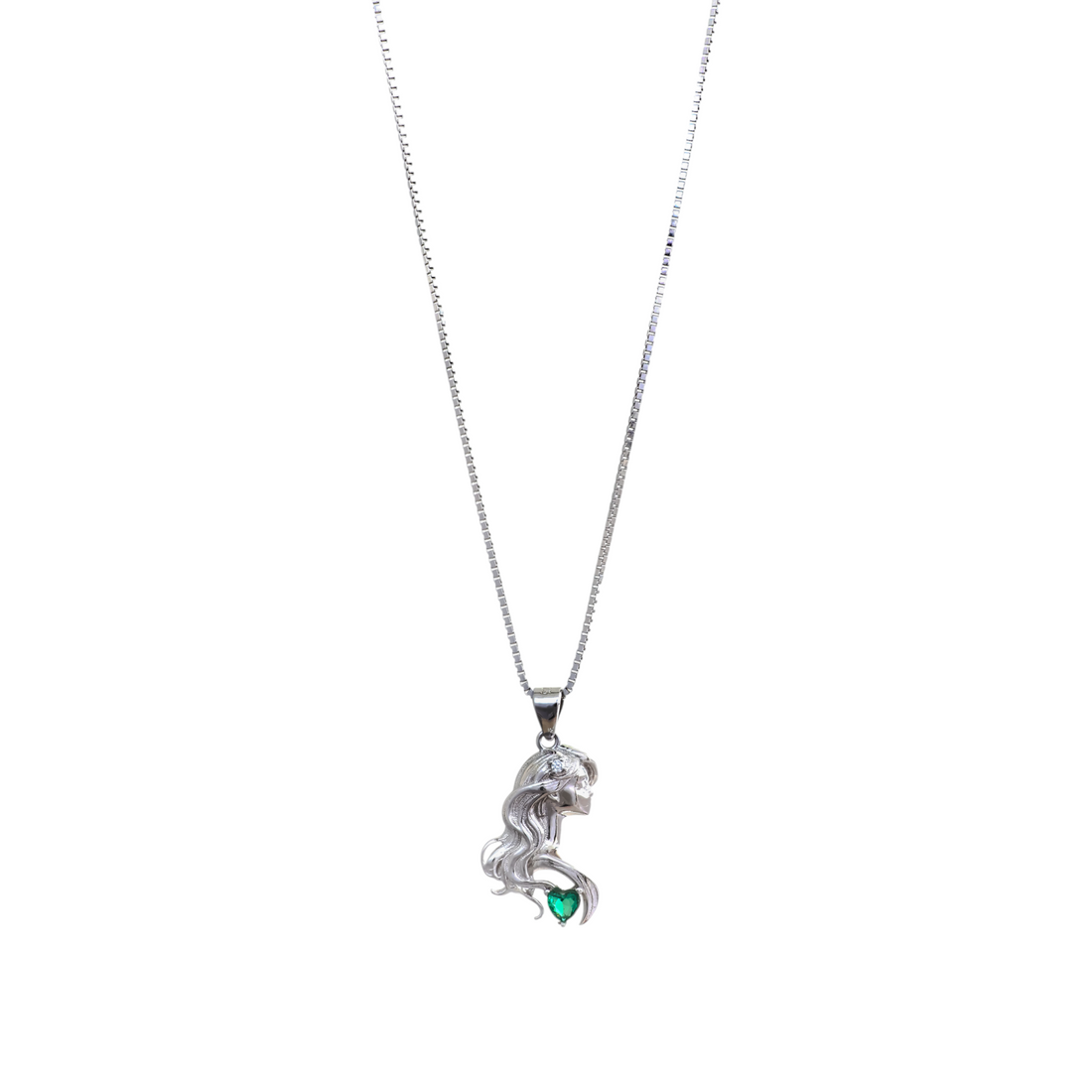 Silver box chain necklace displaying a detailed mermaid silhouette pendant holding a green heart-shaped gemstone at the bottom.