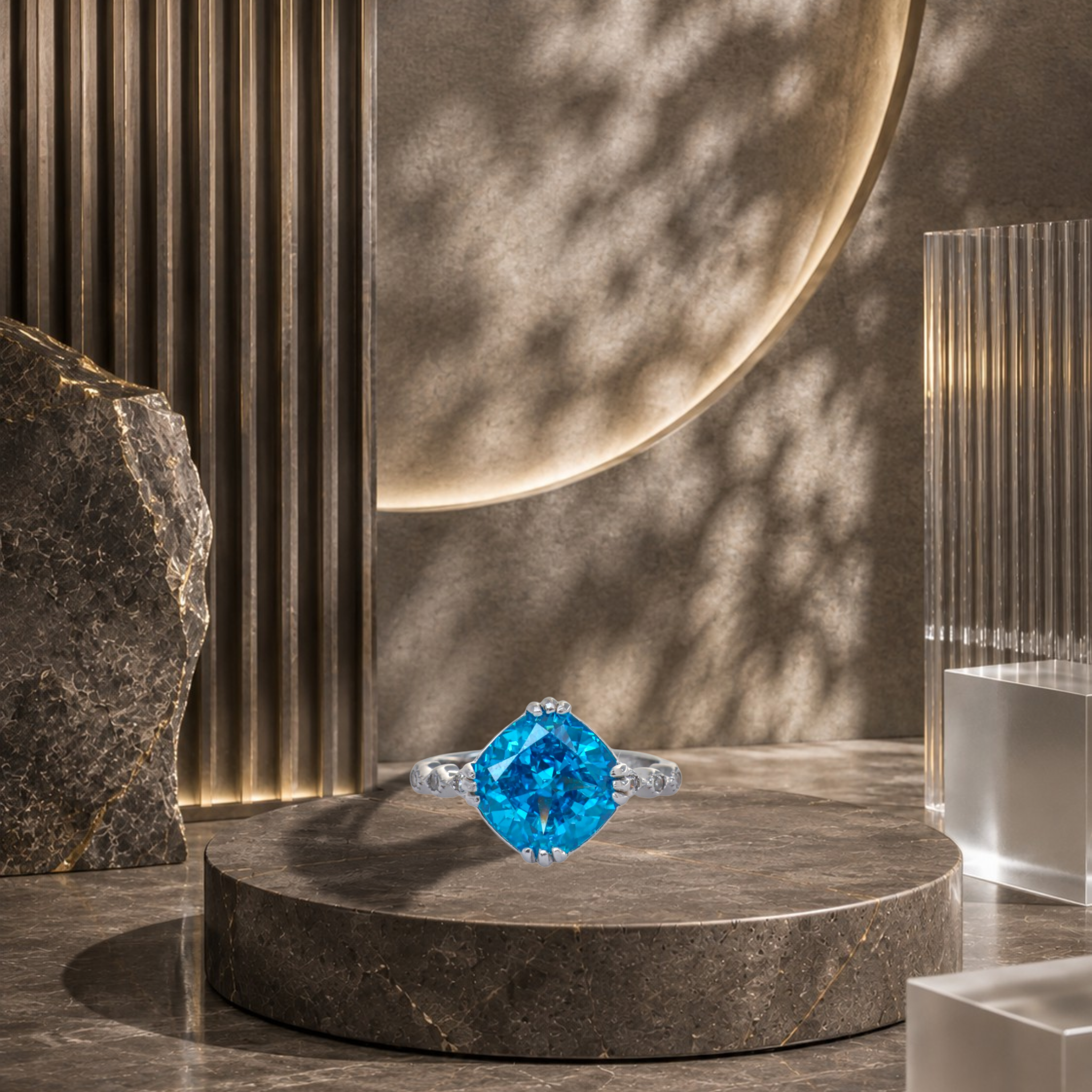 Ocean Blue Cushion Accent Silver Ring