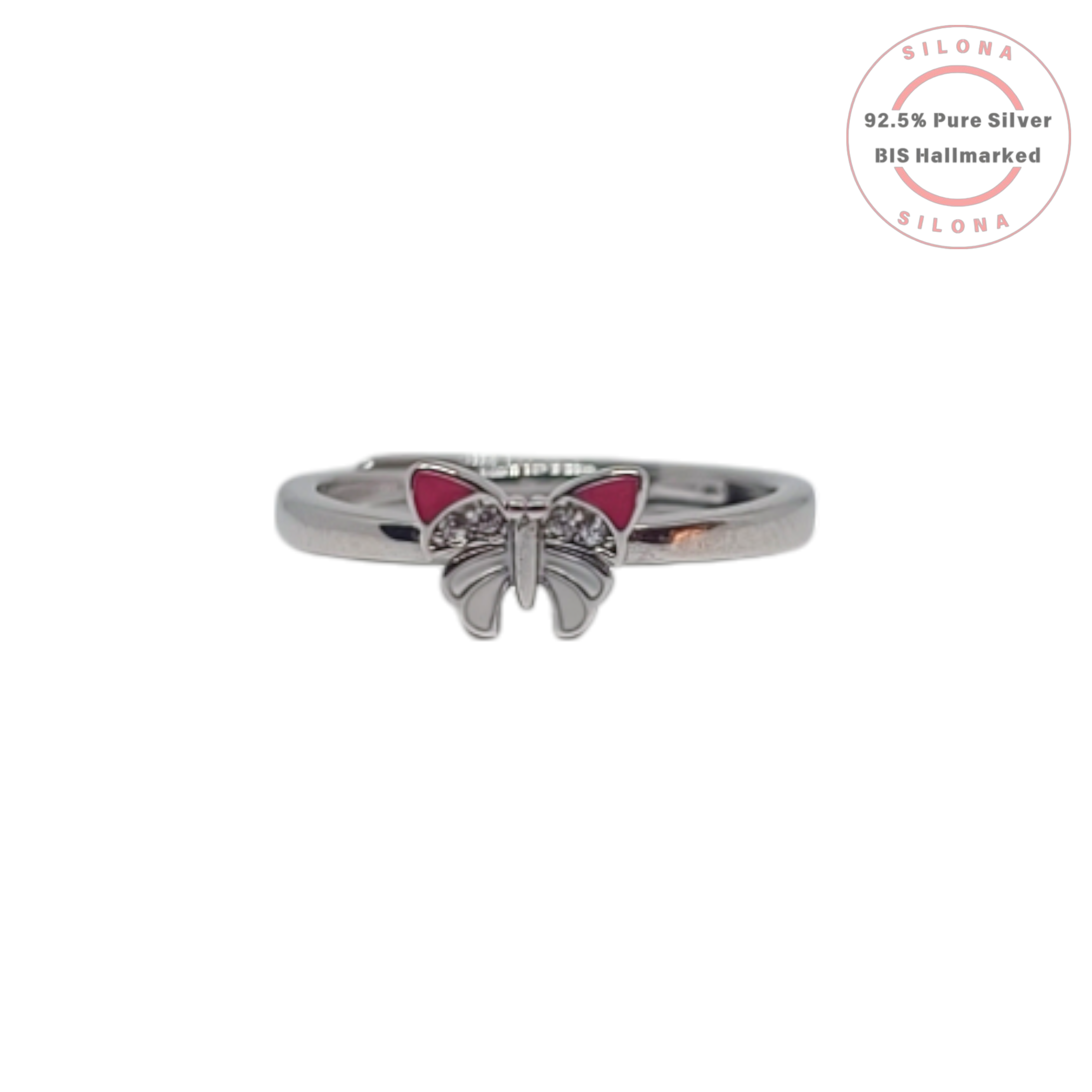 Adjustable 92.5 silver ring featuring a butterfly motif with magenta pink enamel and cubic zirconia stones.