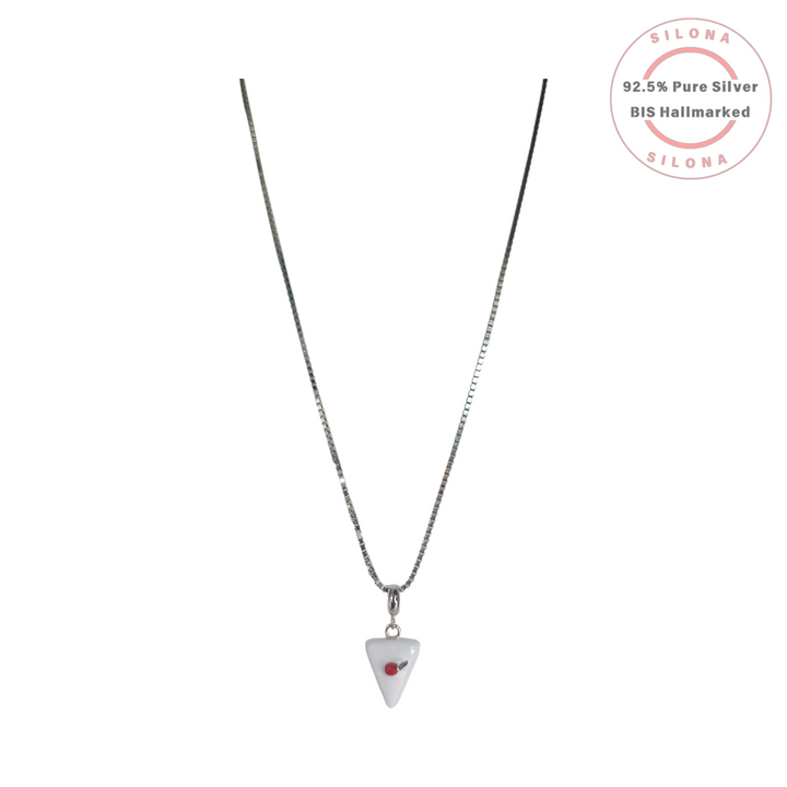 Minimalist Cherry Dot Pendant Necklace in 92.5 silver, featuring a white triangular pendant on a box chain.
