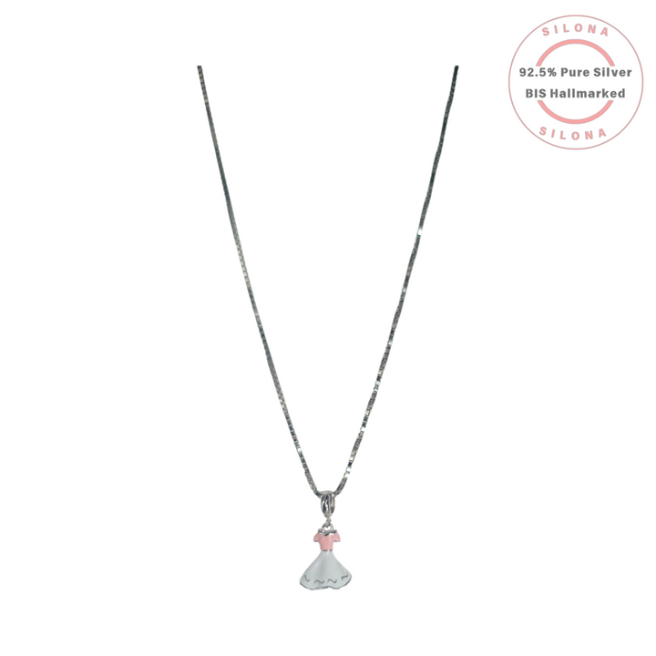 Silver box chain necklace with a small pendant shaped like a dress, featuring pink and white enamel, on a white background with Silona's 92.5% Pure Silver BIS Hallmarked logo.