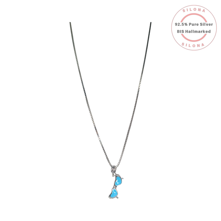 Silona Cool Turquoise Enamel Sunglasses Pendant Necklace on a silver box chain. The pendant is crafted from pure 92.5 silver.