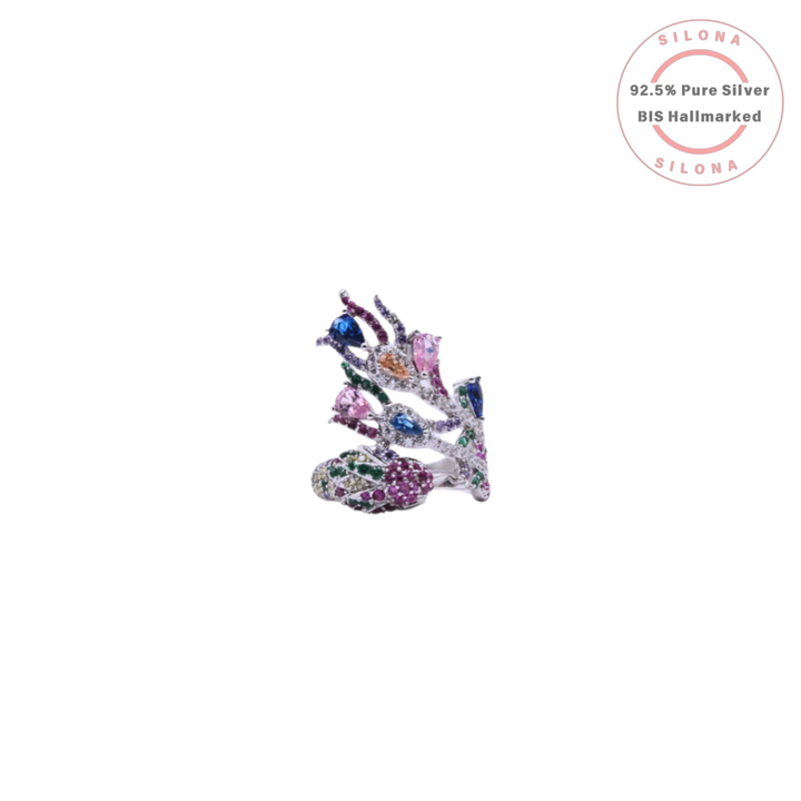 Silona's Enchanted Chromatic Vine Ring in 92.5 silver, featuring multi-colored cubic zirconia in a floral statement design, on a white background.