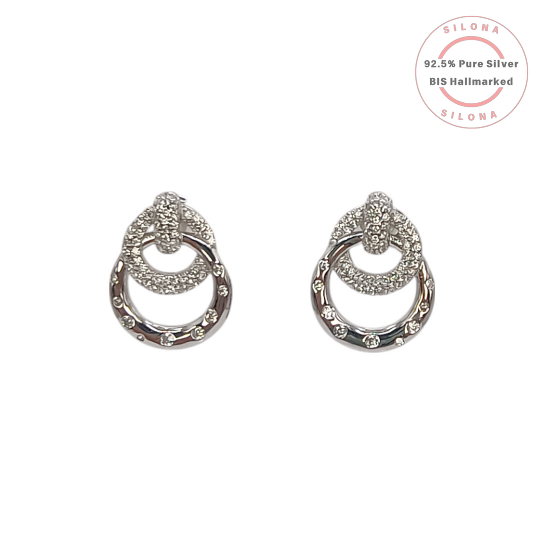 Pair of Silona's Pave Interlocking Circle Earrings in 92.5 silver with cubic zirconia on a white background.