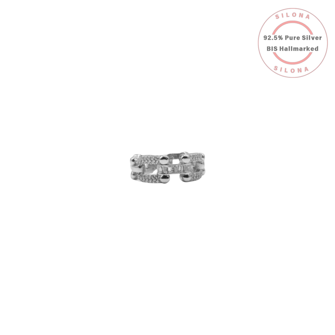 Silona's Pavé Link Statement Ring in 92.5 silver, featuring interconnected links studded with brilliant cubic zirconia, on a white background.