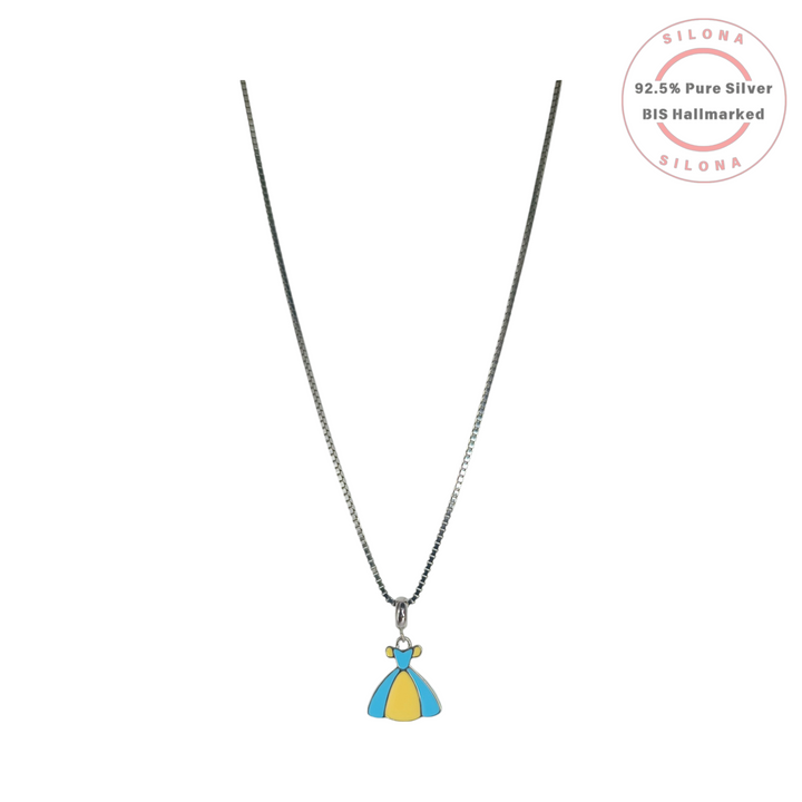 Silona's Princess Gown Necklace with a blue and yellow enamel dress pendant on a sterling silver box chain.