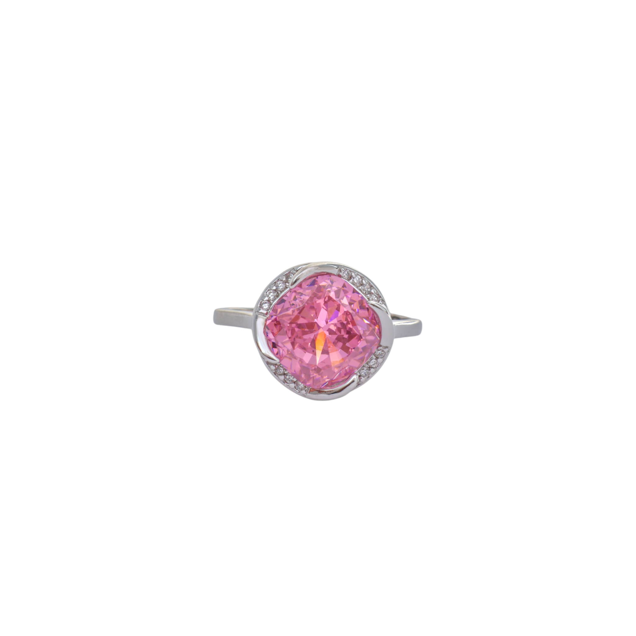 Soft pink cushion cut gem framed by a organic swirled cz halo in sterling silver.