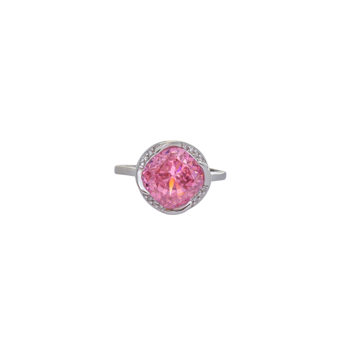 Soft pink cushion cut gem framed by a organic swirled cz halo in sterling silver.