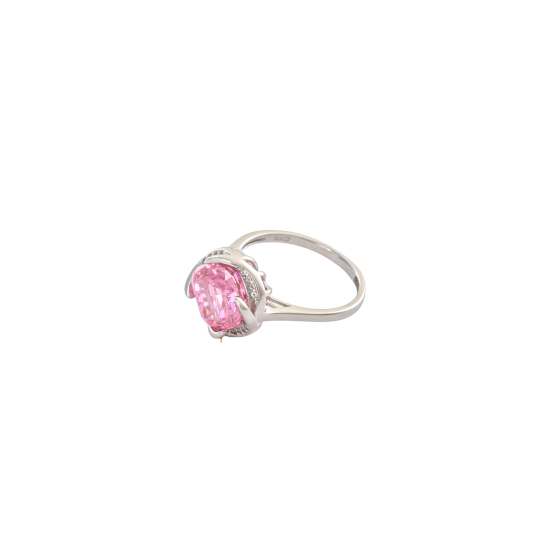Soft pink cushion cut gem framed by a organic swirled cz halo in sterling silver.