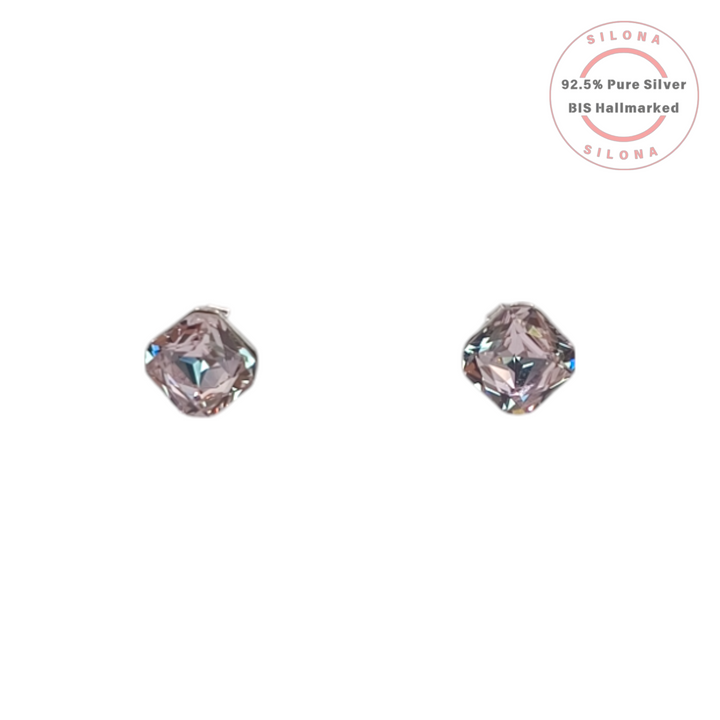 A pair of Silona classic cushion cut stud earrings with rose pink stones, crafted in 92.5 sterling silver, shown on a white background.