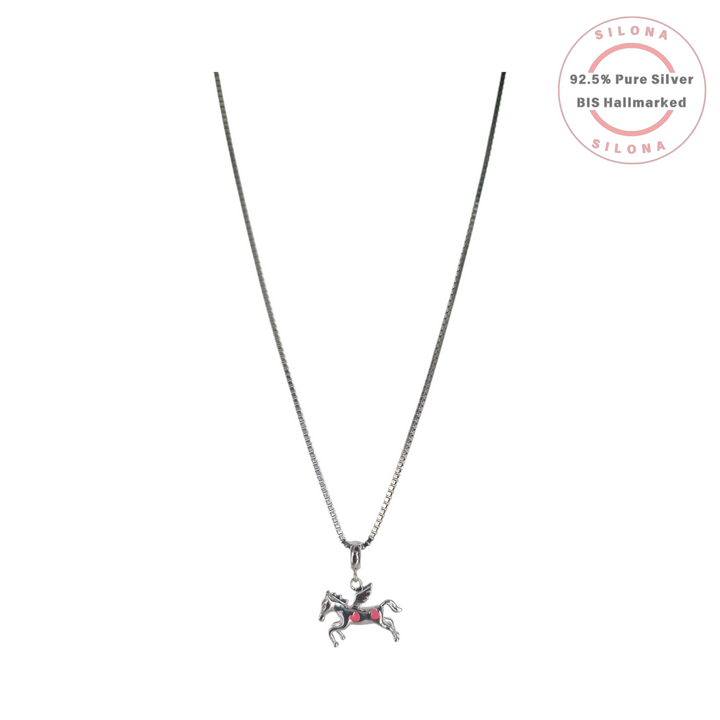 Silona Whimsical Pegasus Necklace with pink enamel heart details, crafted from 92.5 silver, hanging from a box chain on a white background.