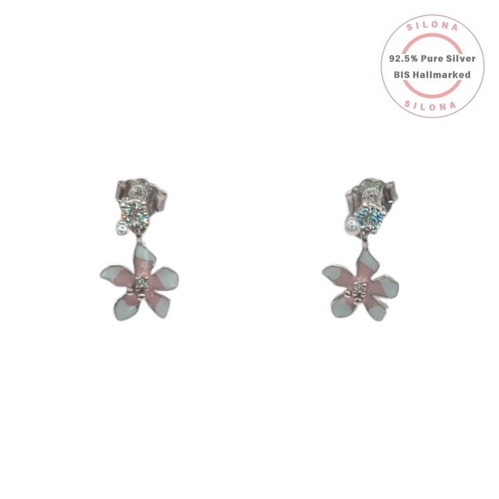 A pair of Silona Pastel Blossom Stud Earrings in 92.5 silver, featuring a five-petal flower design with pink and pale grey enamel and a central cubic zirconia.