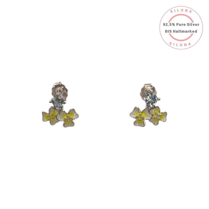 Pair of Silona's Dainty Yellow Floral Stud Earrings with a light blue stone, crafted in 92.5 silver, on a white background.