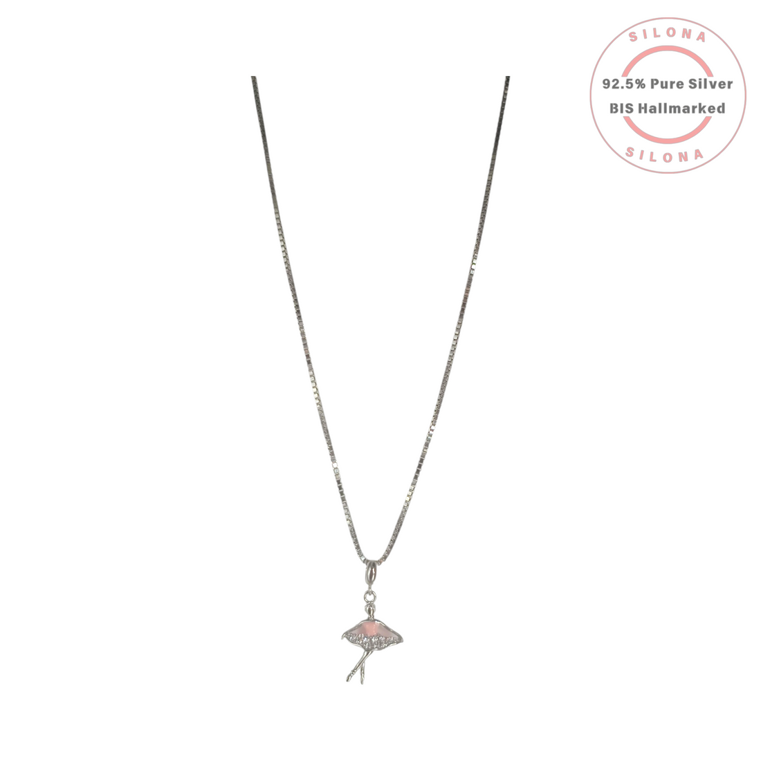 Silona Graceful Ballerina Pendant Necklace featuring a silver box chain and a ballerina pendant with a pink enamel and cubic zirconia tutu, on a white background.