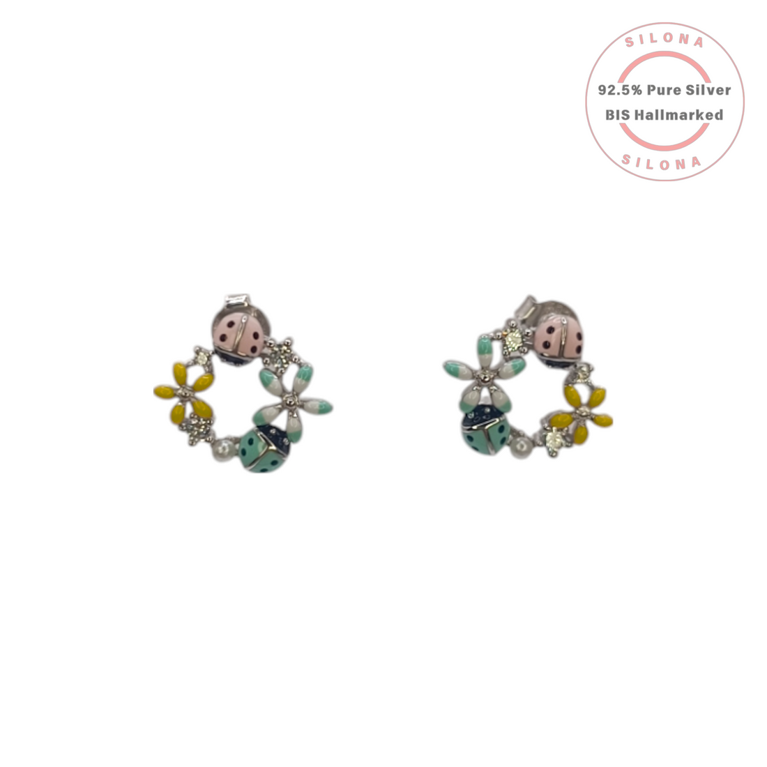 Pair of Silona's Enamel Garden Ladybug & Floral Stud Earrings in pure 92.5 silver, featuring pink and mint green ladybugs and yellow flowers on a white background.