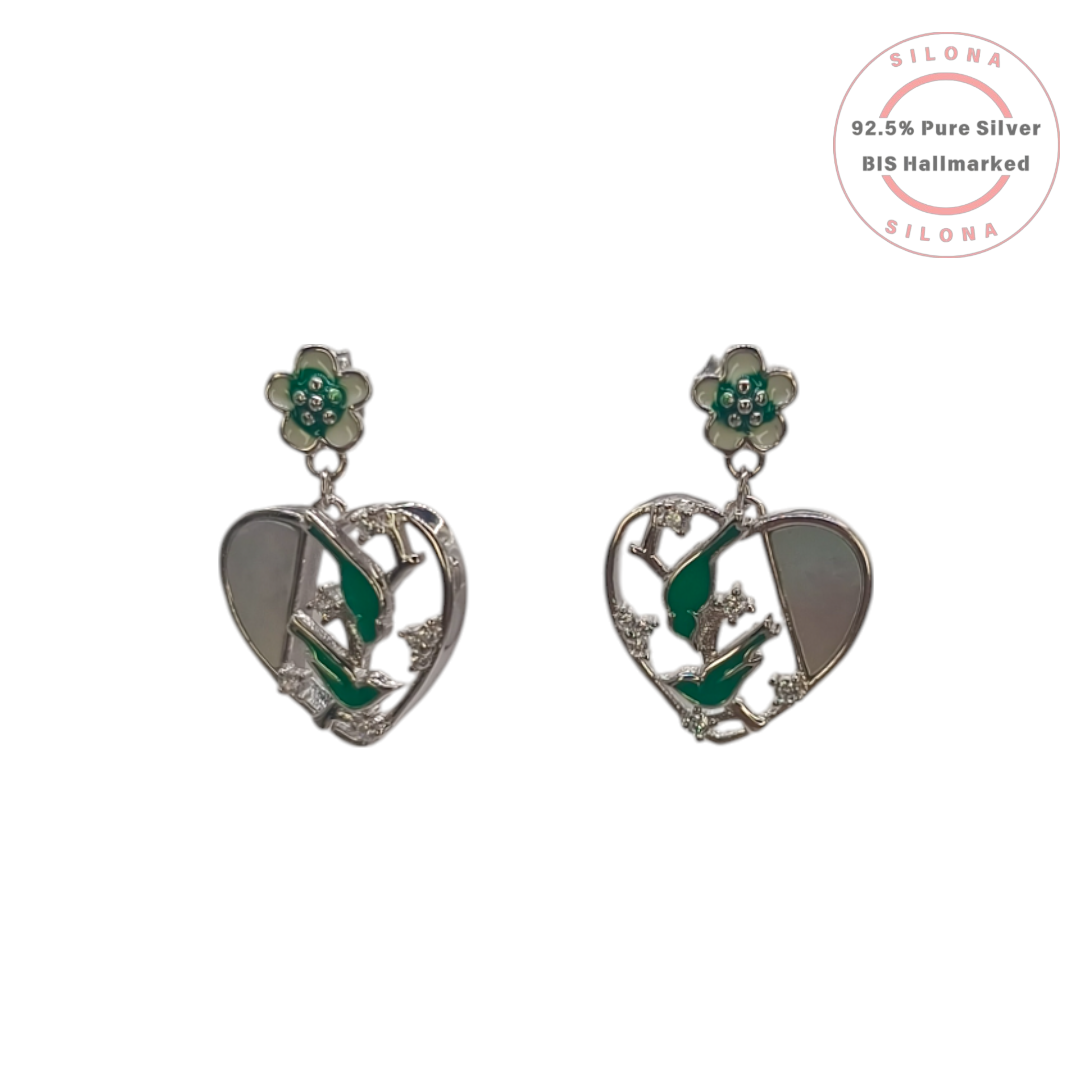 Pair of Silona Verdant Heart Earrings with green enamel vine, mother of pearl, and floral studs in 92.5 silver.
