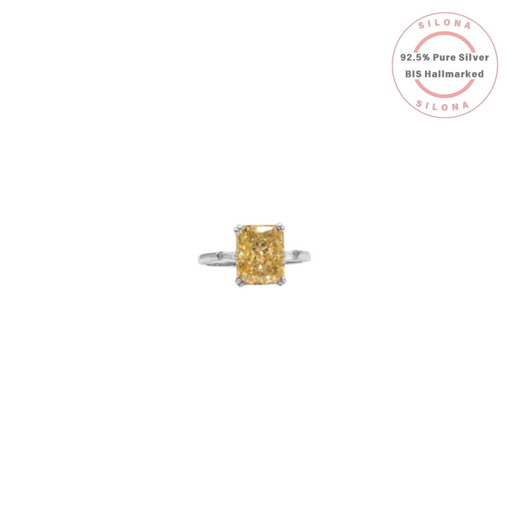 Silona Radiant Canary Solitaire Ring featuring a large, rectangular yellow cubic zirconia stone on a 92.5 silver band.