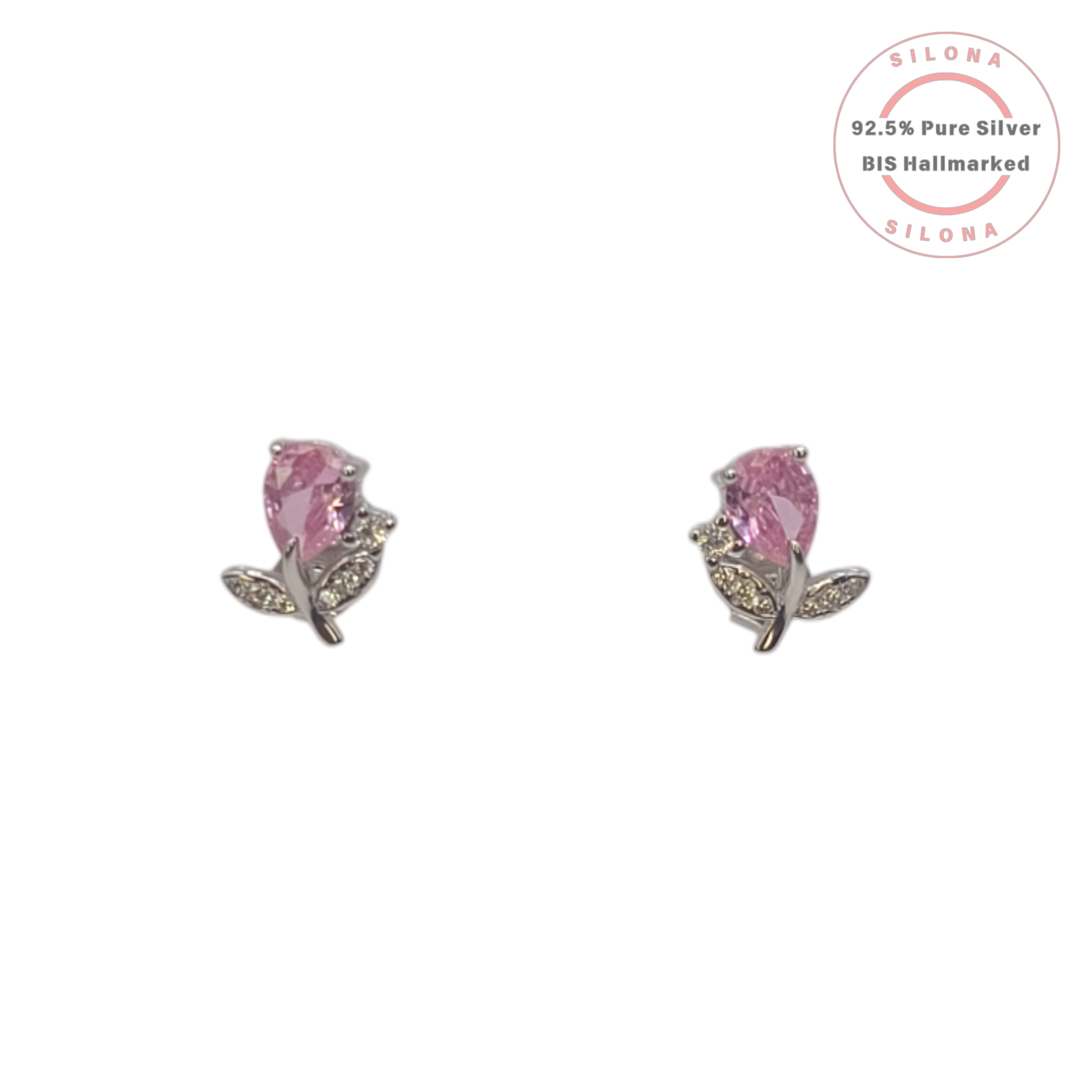 A pair of silver tulip stud earrings featuring a pear-shaped pink cubic zirconia stone as the bud and pave-set clear stones on the leaves, against a white background.