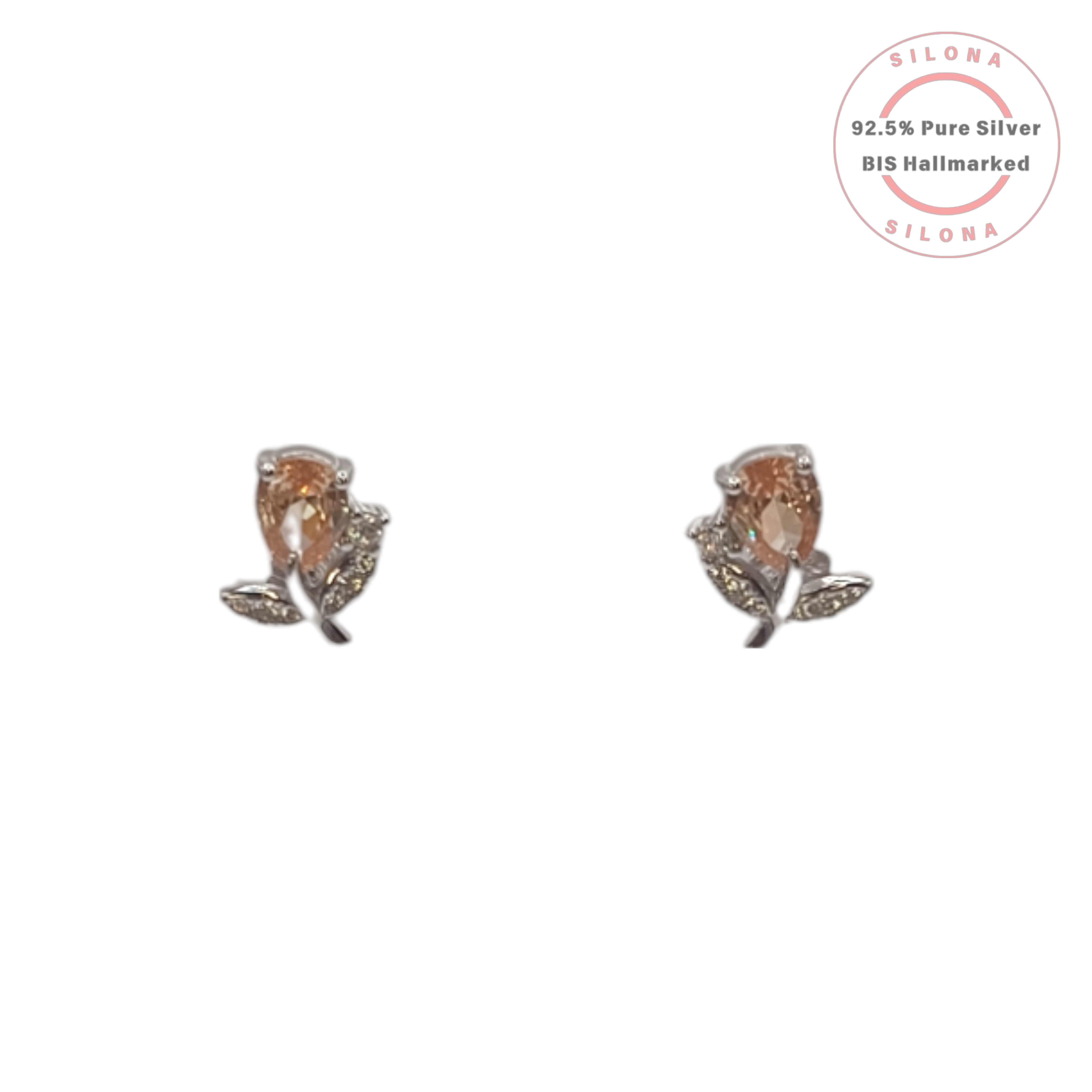 Pair of Silona Champagne Bloom Stud Earrings in 92.5 silver, featuring a pear-cut champagne stone and a leafy silver stem on a white background.