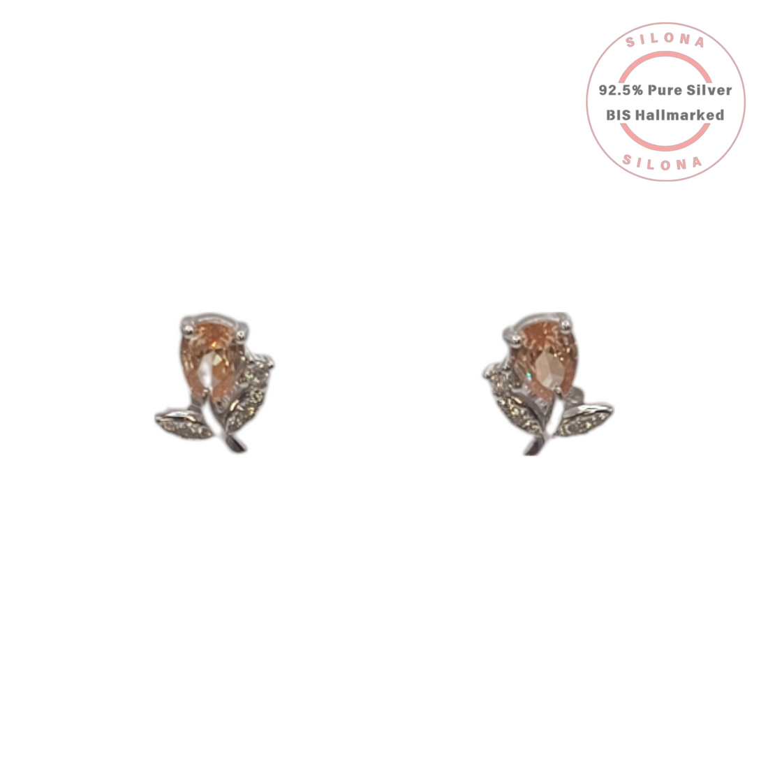 Pair of Silona Champagne Bloom Stud Earrings in 92.5 silver, featuring a pear-cut champagne stone and a leafy silver stem on a white background.