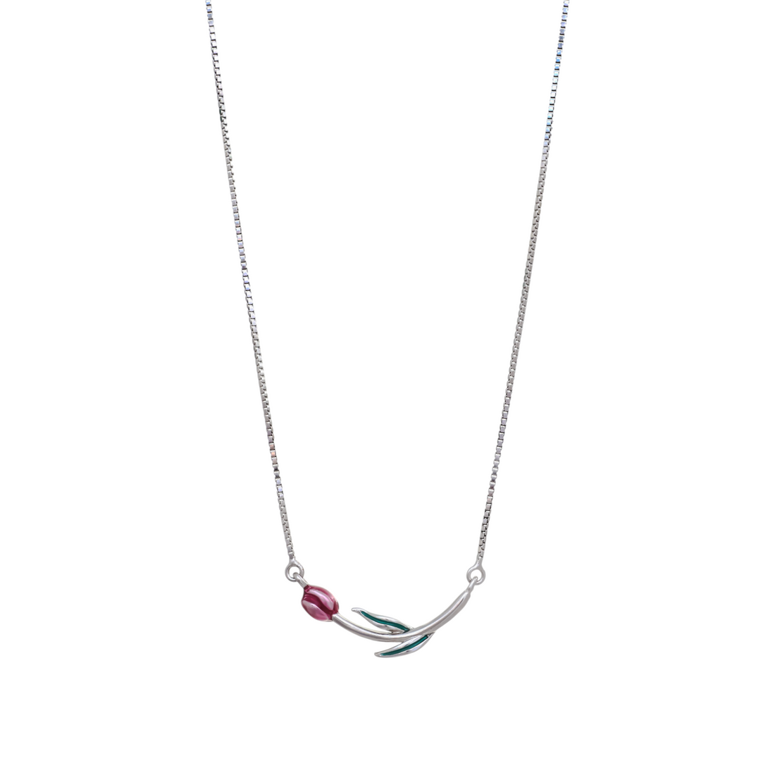 Silver chain necklace with an integrated horizontal curved tulip stem featuring a pink enamel flower and green enamel leaves.