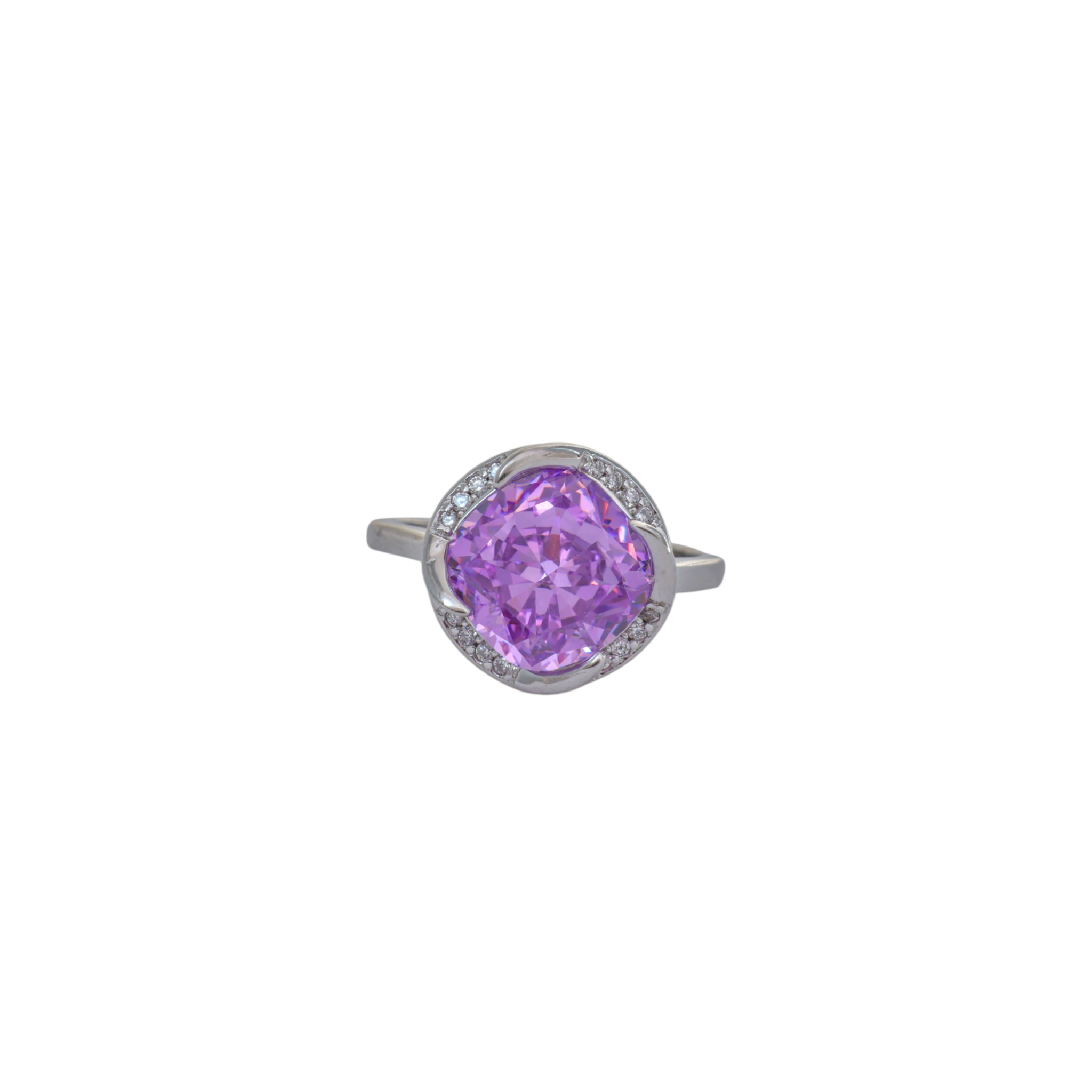 Deep purple cushion cut gem surrounded by a pave lined silver swirl halo.