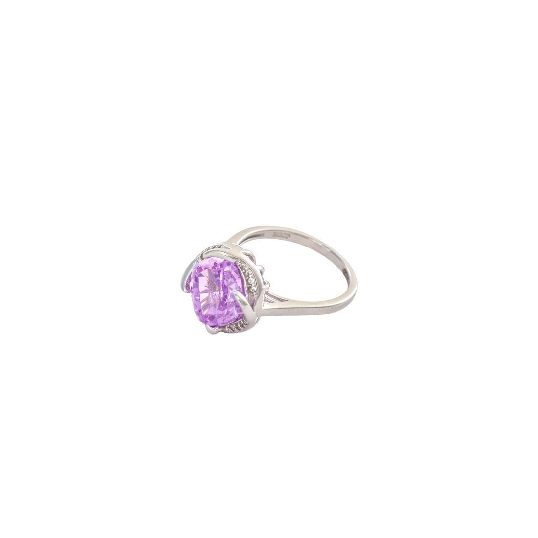Deep purple cushion cut gem surrounded by a pave lined silver swirl halo.