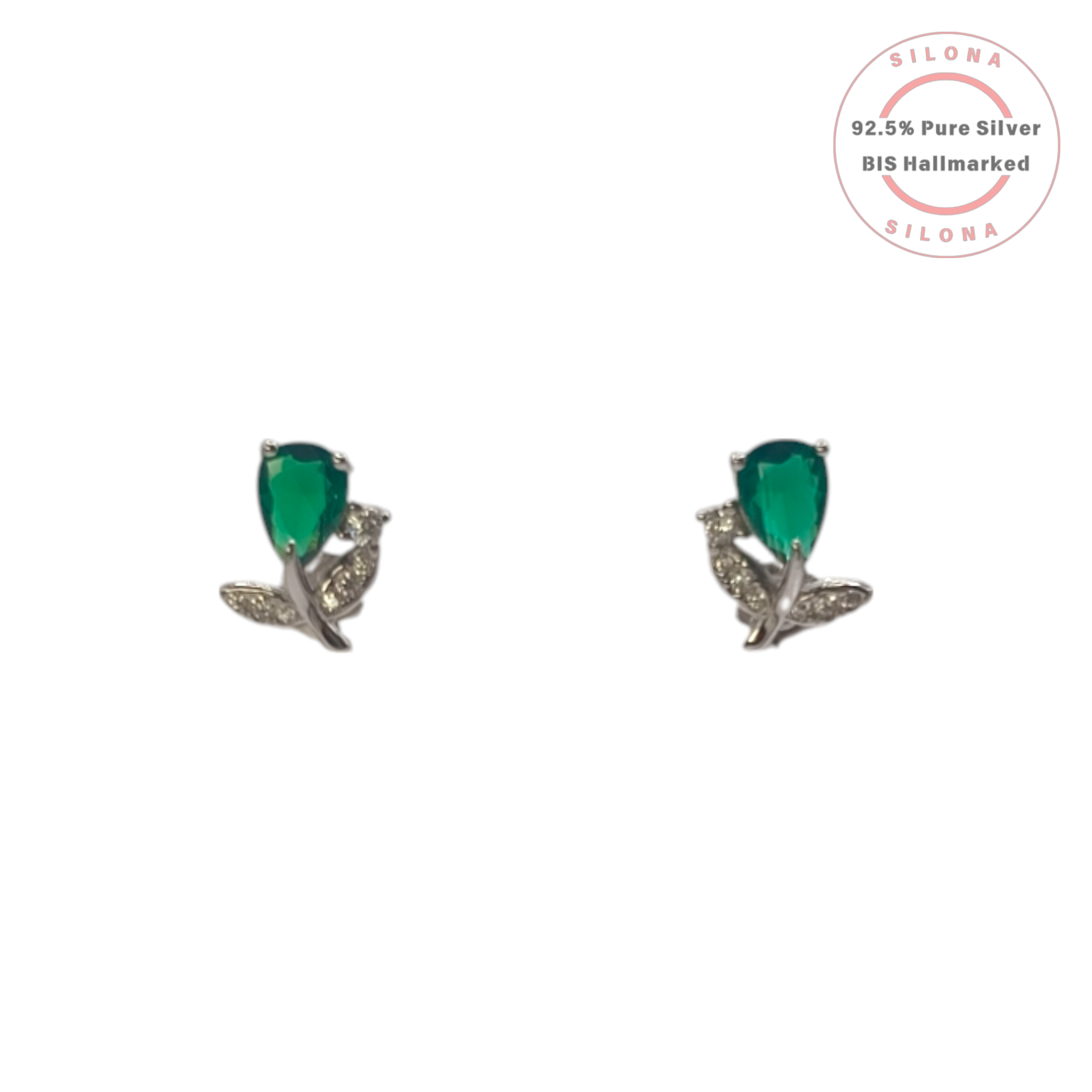 A pair of botanical stud earrings in 92.5 silver, featuring a pear-shaped emerald-green stone and crystal-paved leaves, on a white background.
