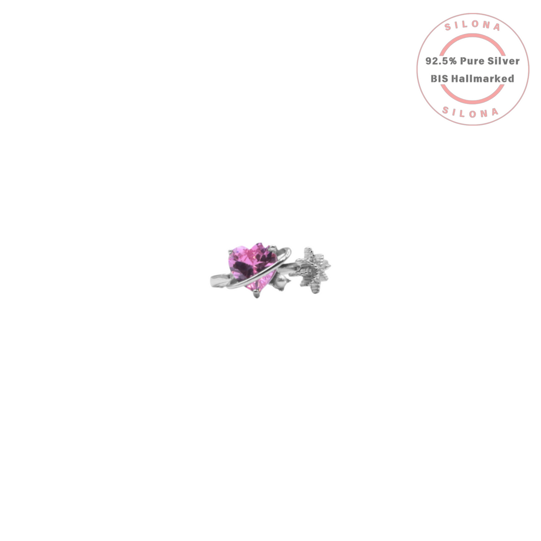 Silona Cosmic Pink Saturn Heart Ring in 92.5 sterling silver, featuring a fuchsia pink heart-shaped stone encircled by a silver ring and a small star accent.