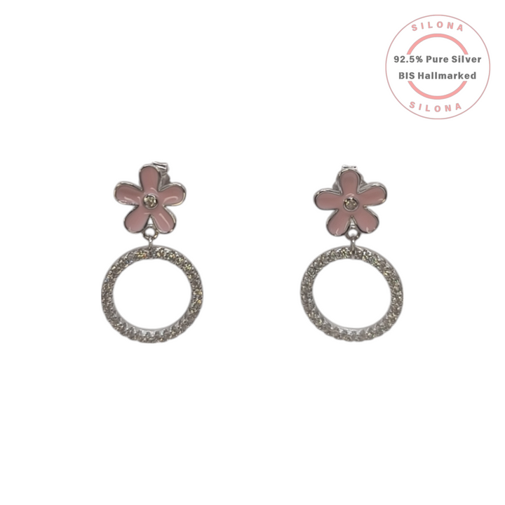 A pair of Silona's Floral Pavé Hoop Earrings, featuring a pink enamel flower stud and a dangling hoop covered in cubic zirconia, crafted from 92.5 silver.