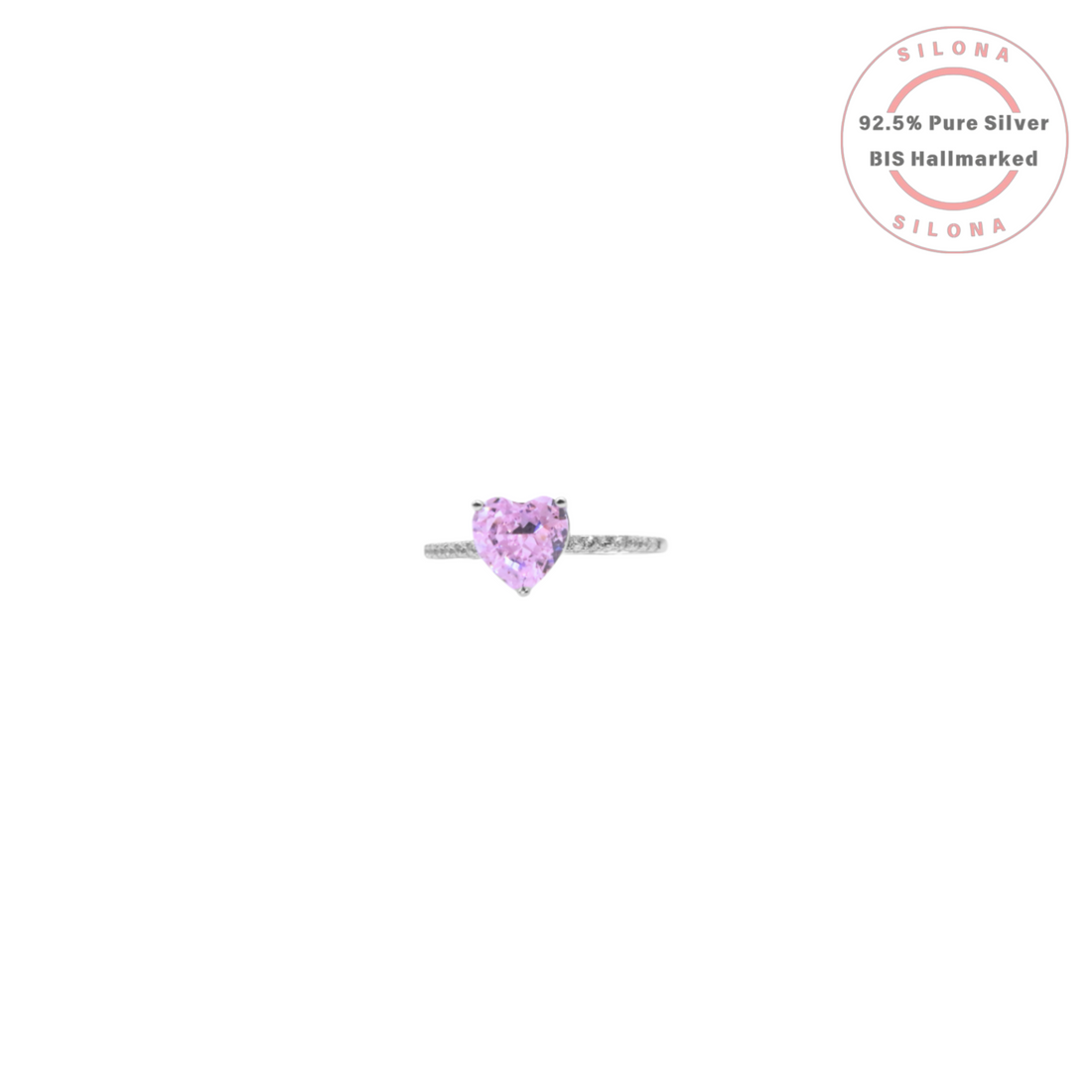 Silona Romantic Pink Heart Solitaire Ring in 92.5 sterling silver on a white background.