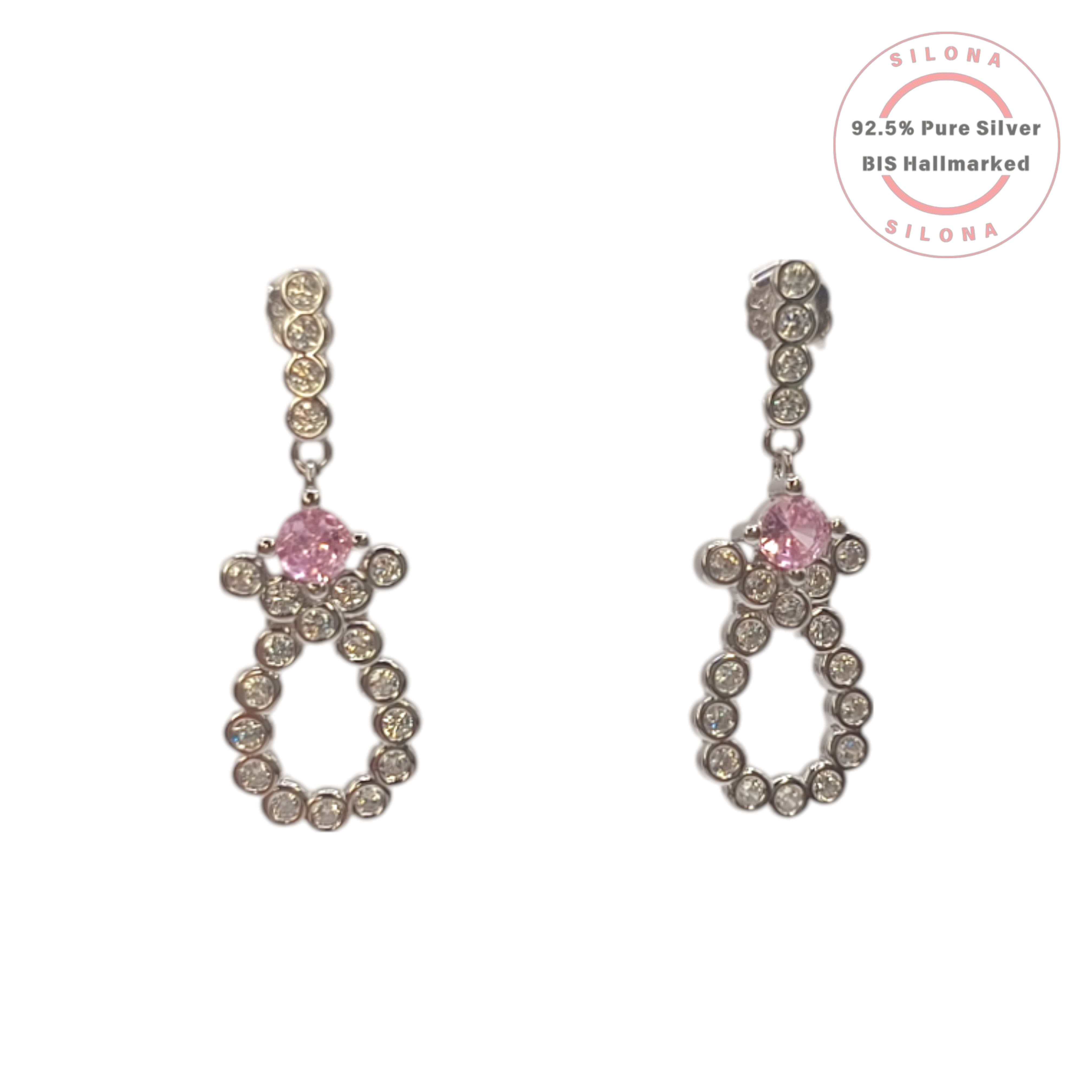 A pair of Silona's Blush Pink Infinity Drop Earrings in 92.5 sterling silver, featuring a sparkling infinity loop and a pink cubic zirconia stone, on a white background.
