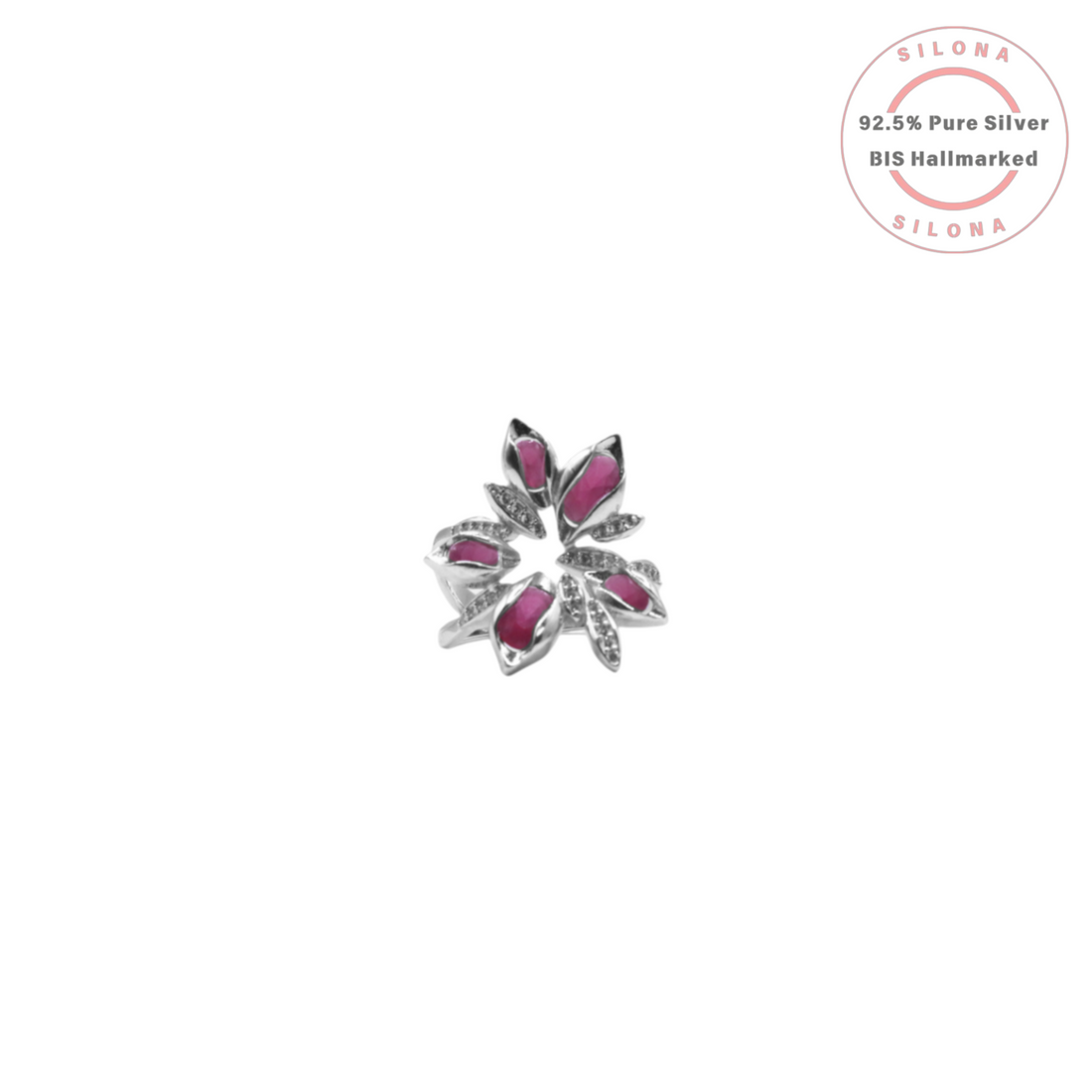 Silona Statement Ruby Bloom Ring crafted in 92.5 silver, featuring marquise-cut ruby-hued stones and clear CZ accents in a floral design.