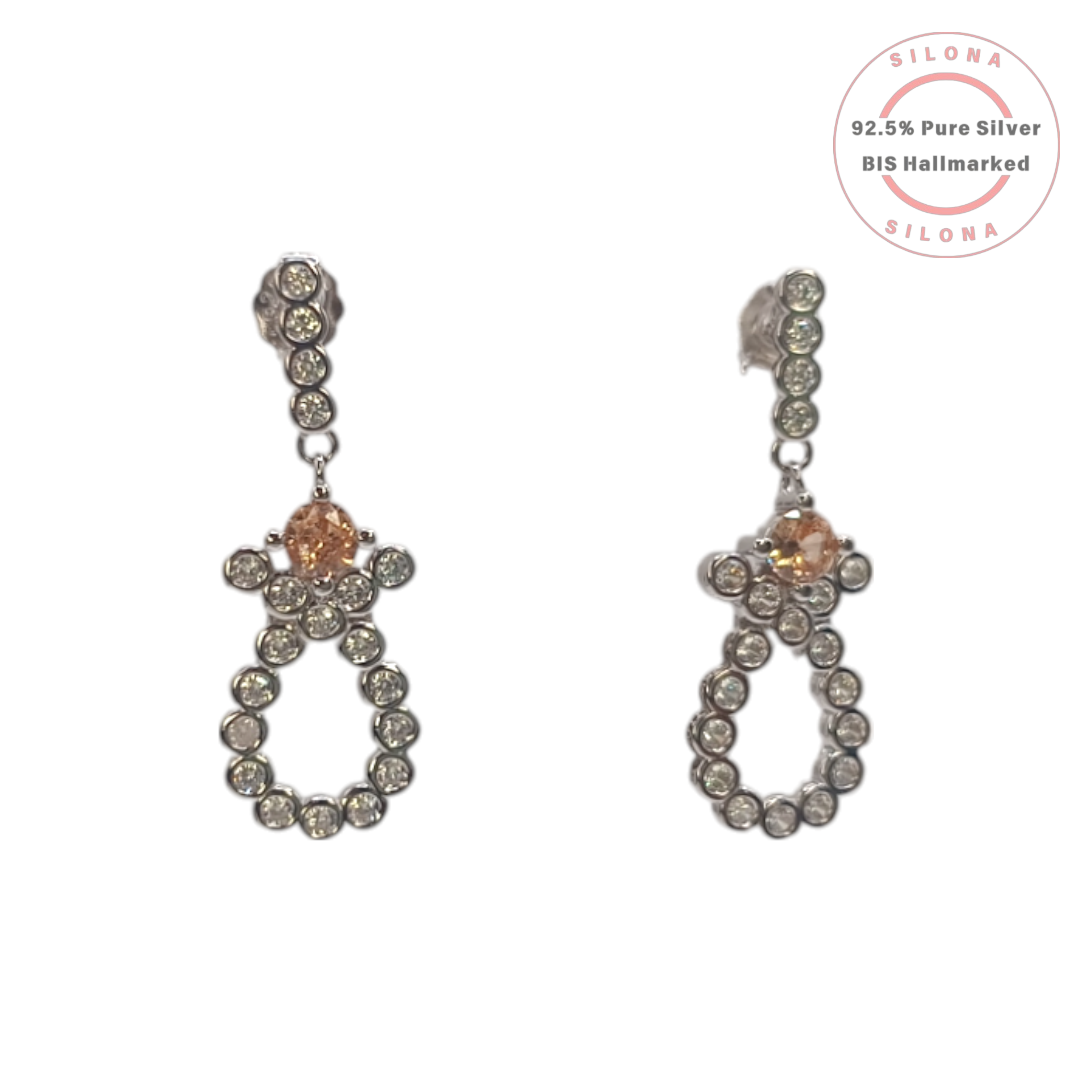Pair of Silona elegant drop earrings in 92.5 silver, featuring a champagne-colored stone and a dangle loop paved with clear cubic zirconia, on a white background.