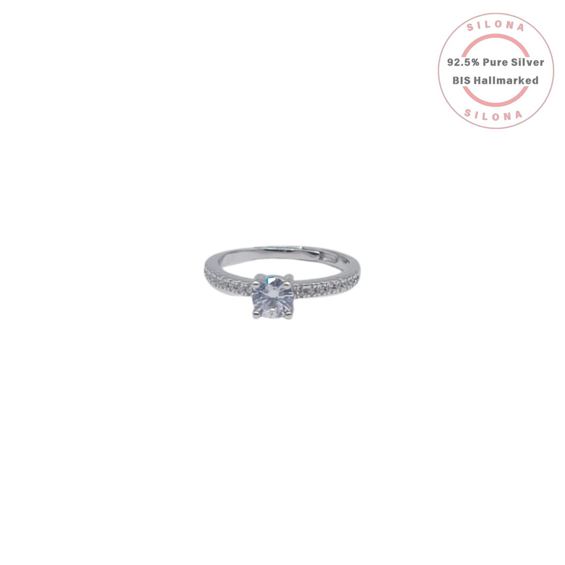 Classic solitaire ring with a pavé band in 92.5 sterling silver, featuring a central round-cut cubic zirconia.