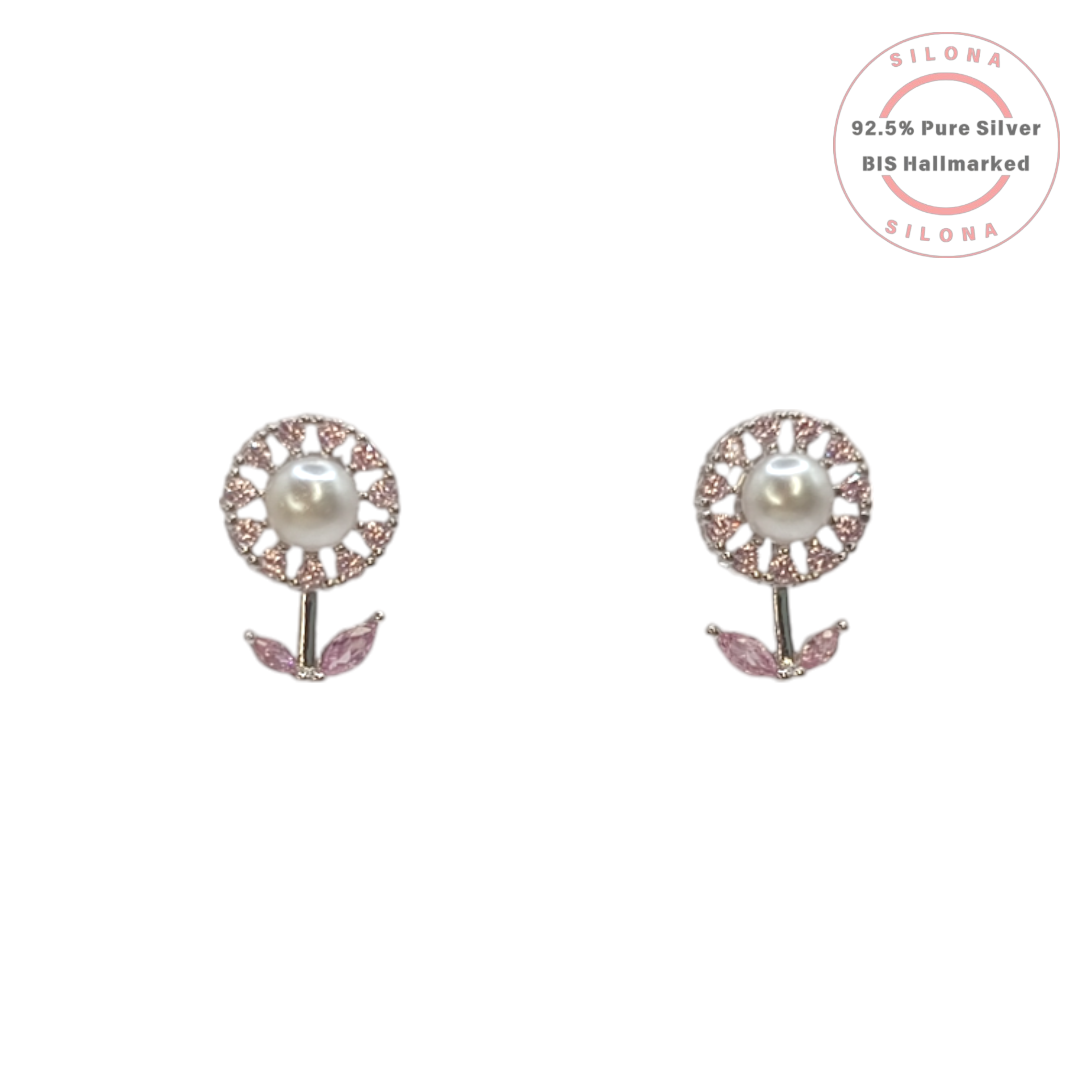 A pair of Silona flower stud earrings in 92.5 silver, featuring a central pearl surrounded by pink cubic zirconia petals and leaves, on a white background.