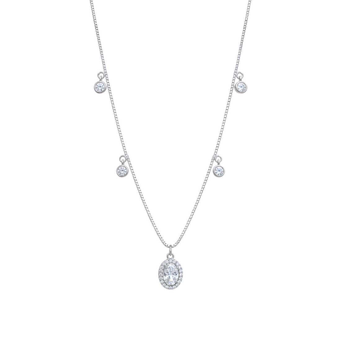 Silver chain station necklace featuring dangling round crystal charms and a main oval crystal pendant surrounded by a halo of micro cz stones.