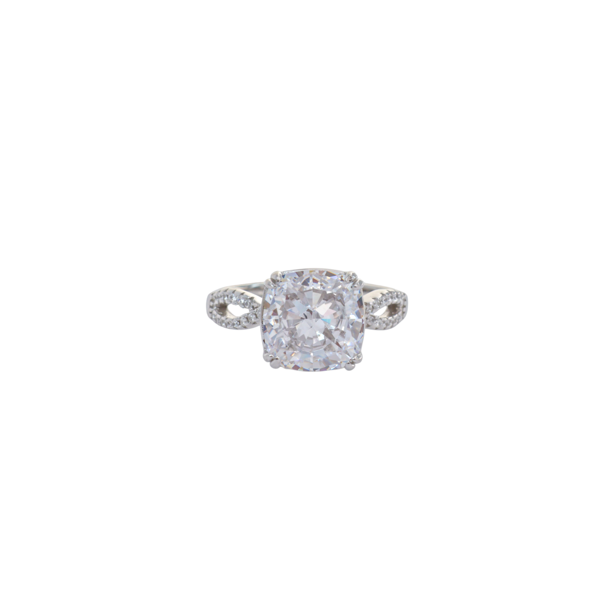 Sparkling clear cushion cut gem set on a pave infinity twist sterling silver band.